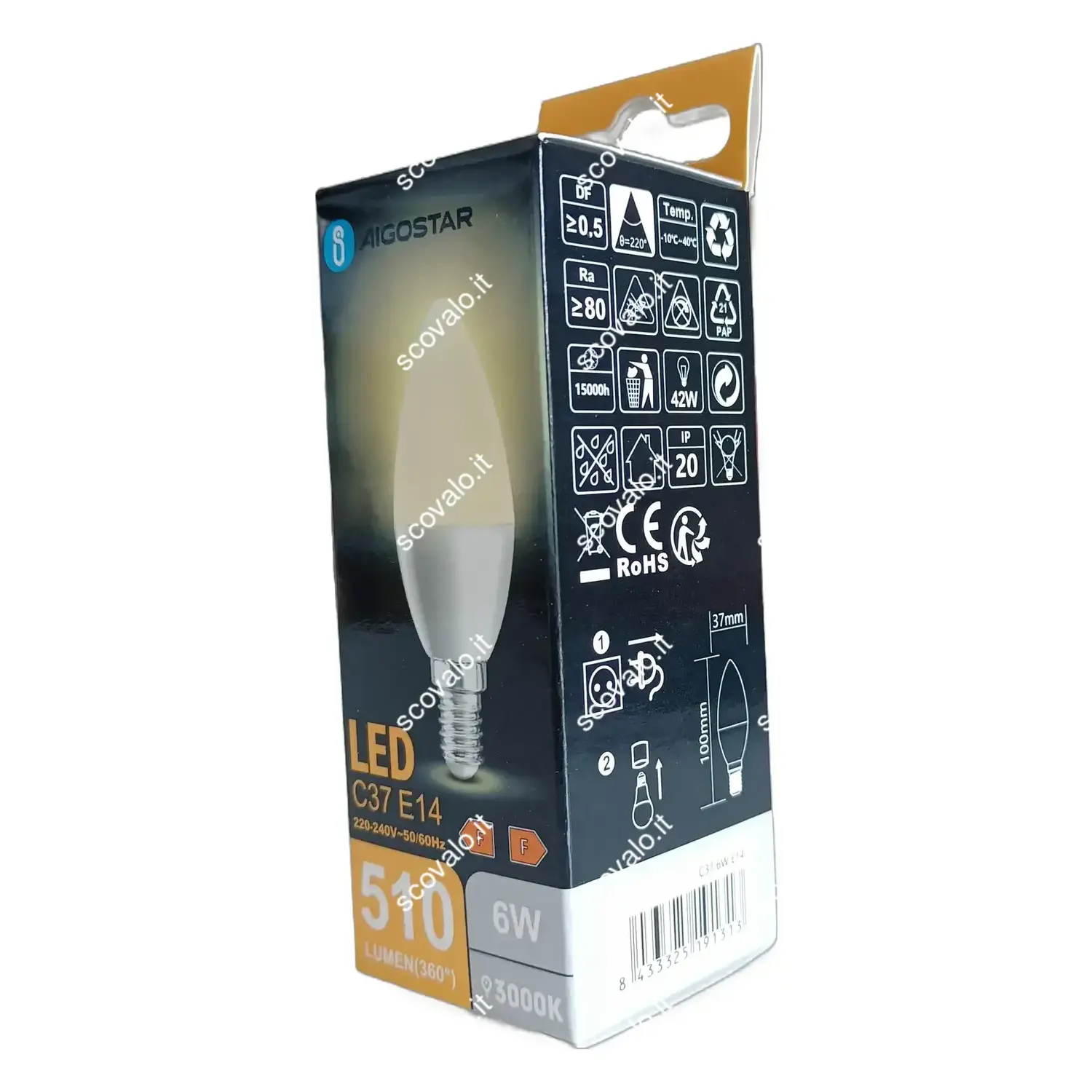 immagine lampadina led candela C37 e14 6 watt bianco caldo