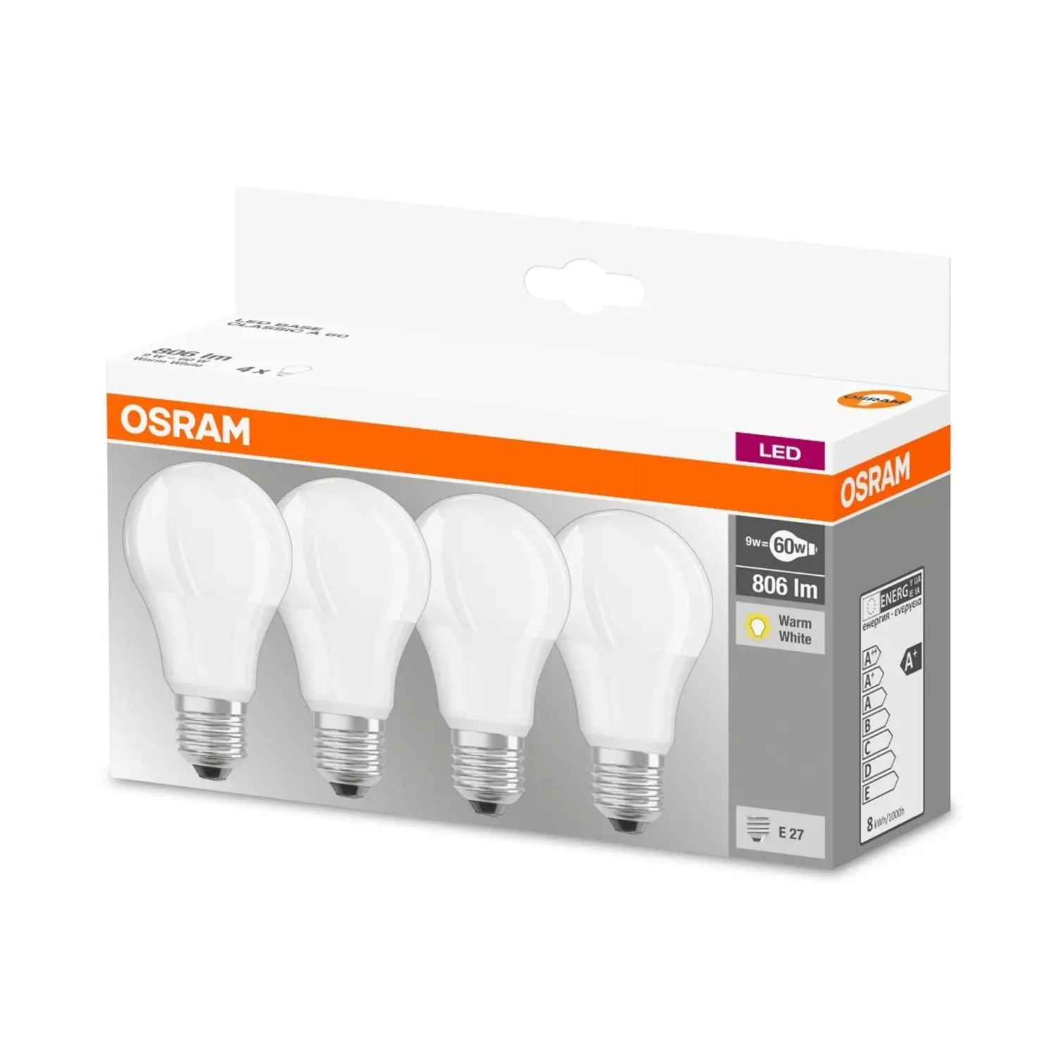 immagine del prodotto lampadina led osram forma base A60 classic 4 pezzi e27 8,5 watt bianco caldo