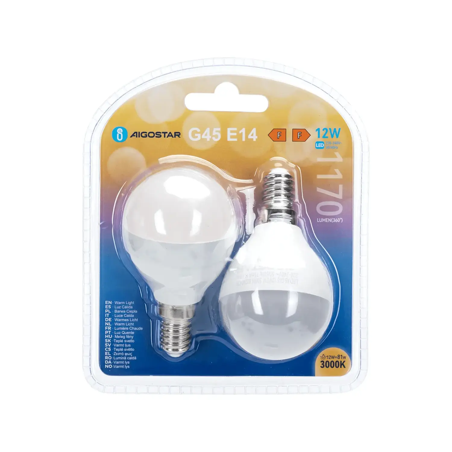 immagine lampadina led G45 e14 12 watt bianco caldo 2 pezzi busta plastica