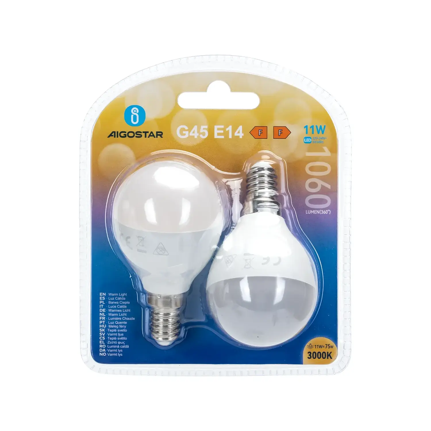 immagine lampadina led G45 e14 11 watt bianco caldo 2 pezzi busta plastica