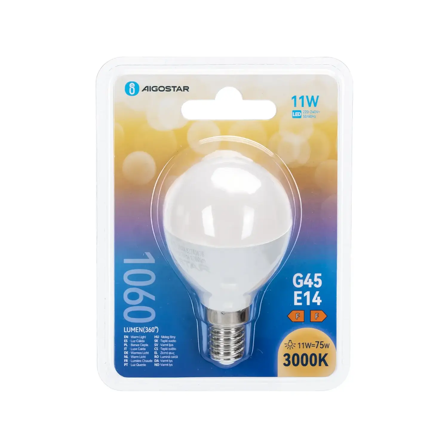 immagine lampadina led G45 e14 11 watt bianco caldo busta plastica