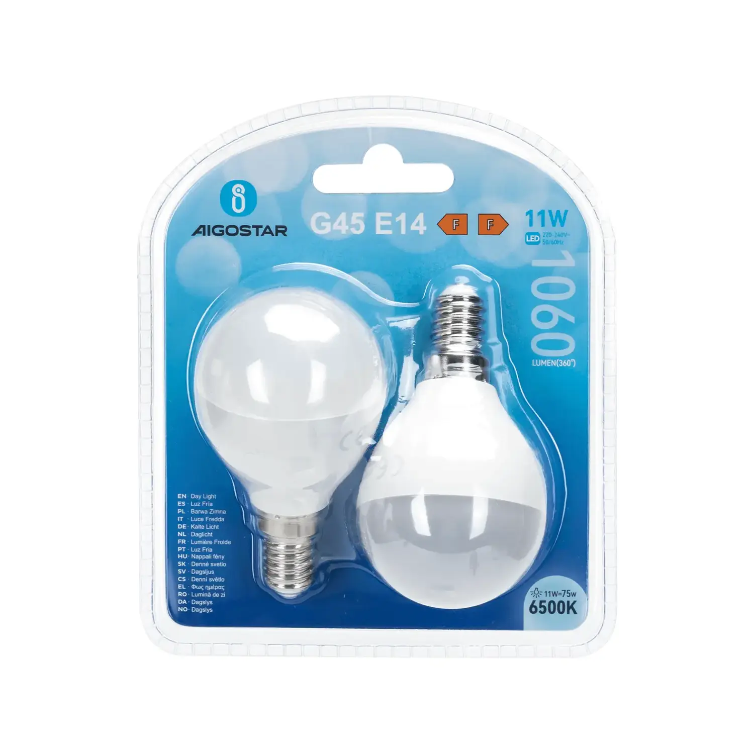 immagine lampadina led G45 e14 11 watt bianco freddo 2 pezzi busta plastica