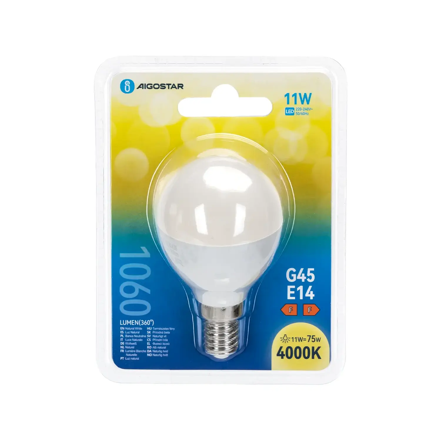 immagine lampadina led G45 e14 11 watt bianco naturale busta plastica