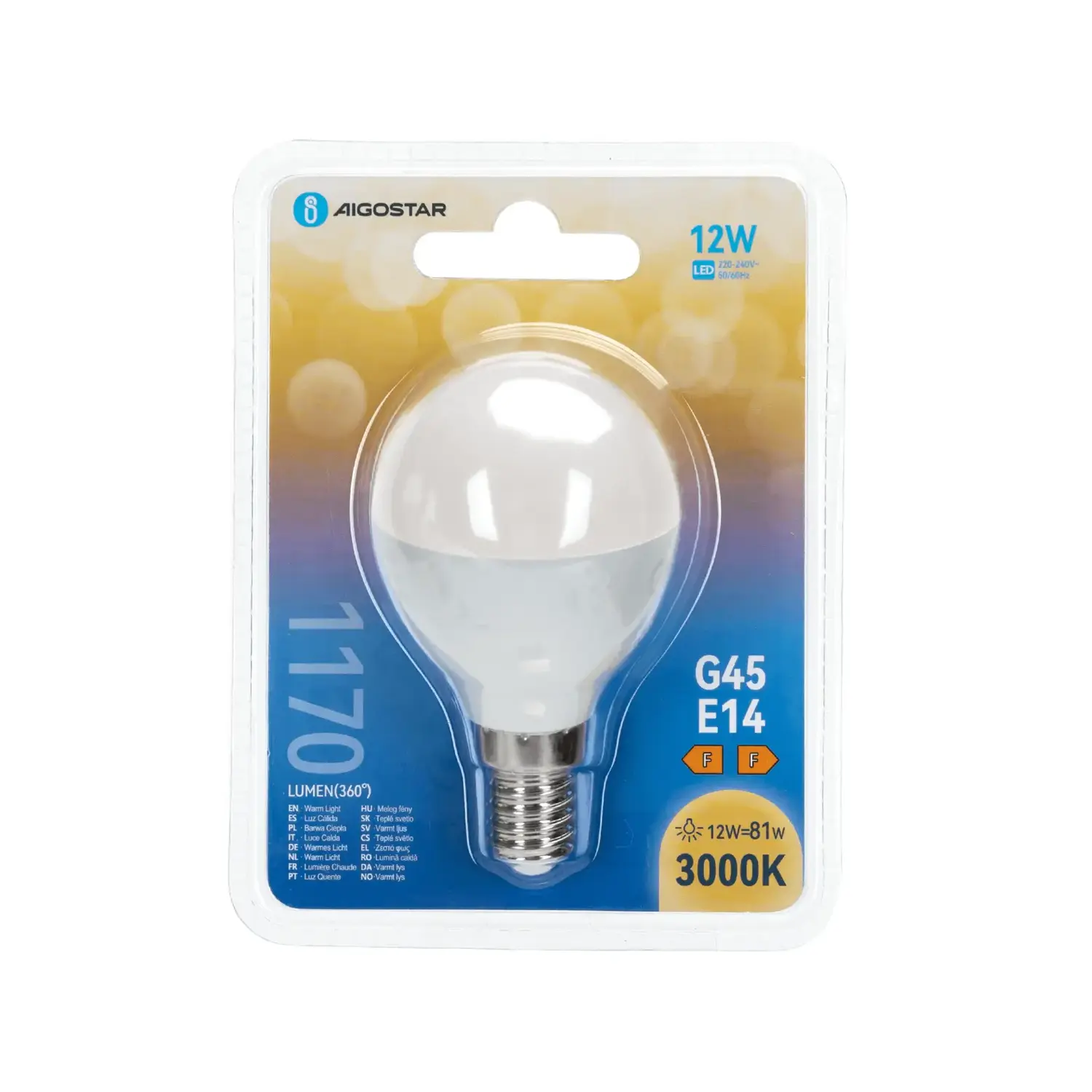 immagine lampadina led G45 e14 12 watt bianco caldo busta plastica