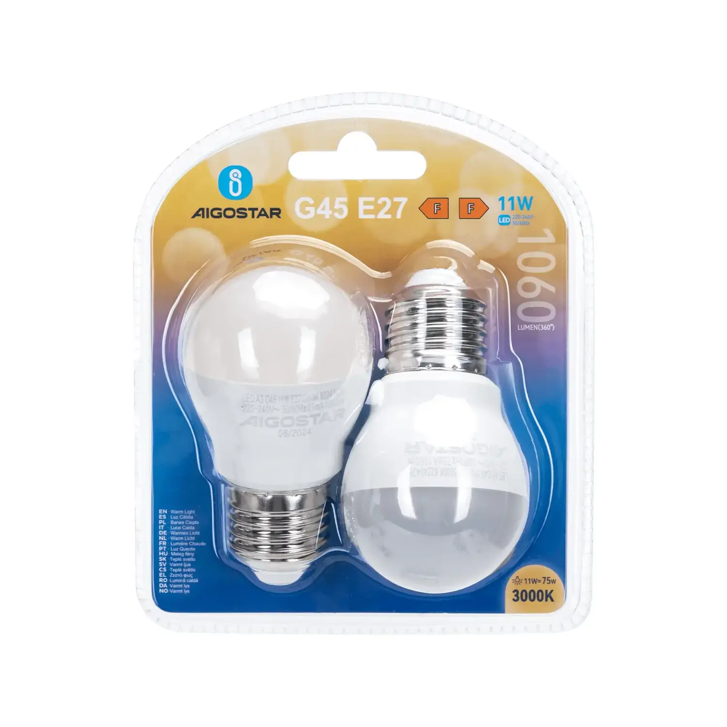 immagine lampadina led G45 e27 11 watt bianco caldo 2 pezzi busta plastica