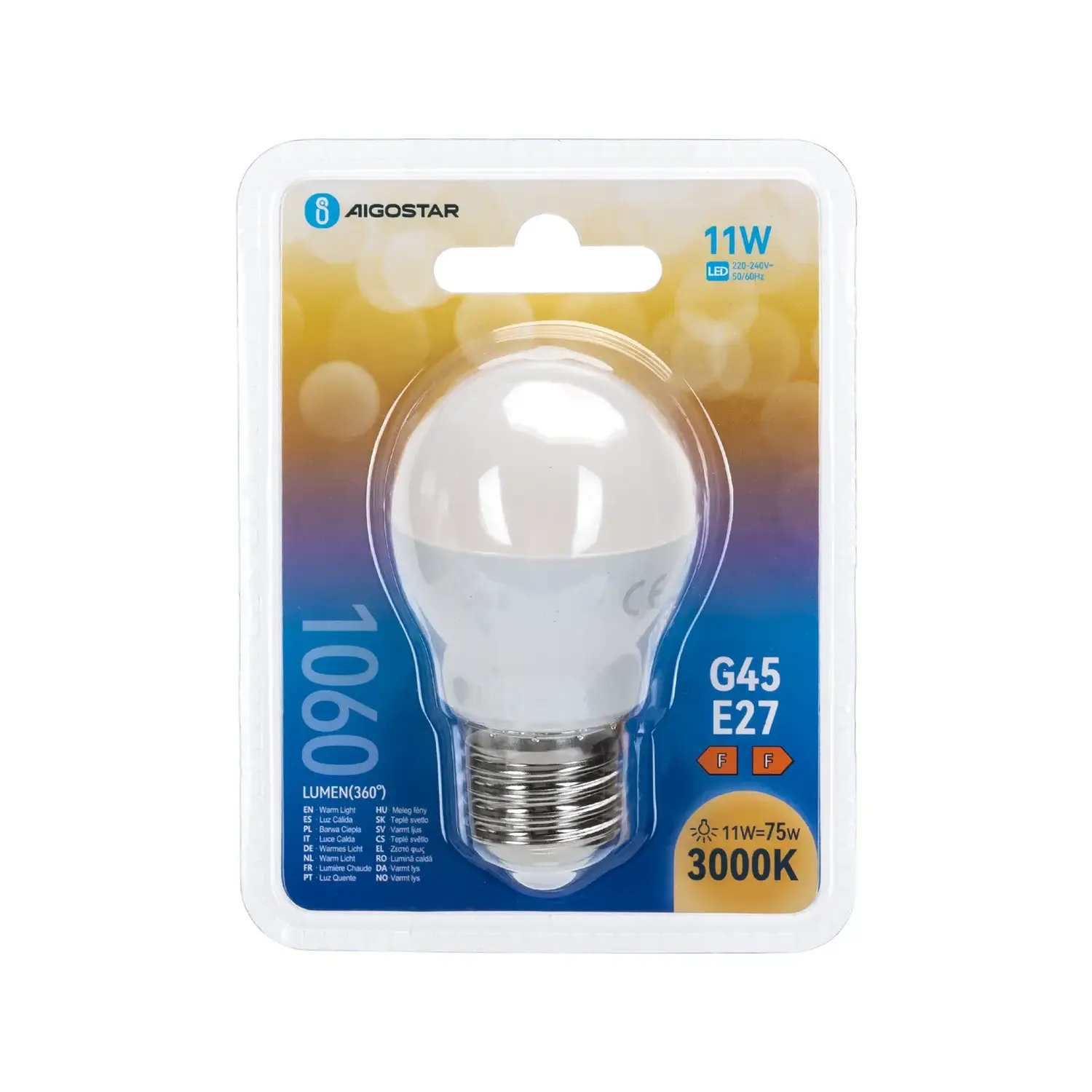 immagine lampadina led G45 e27 11 watt bianco caldo busta plastica