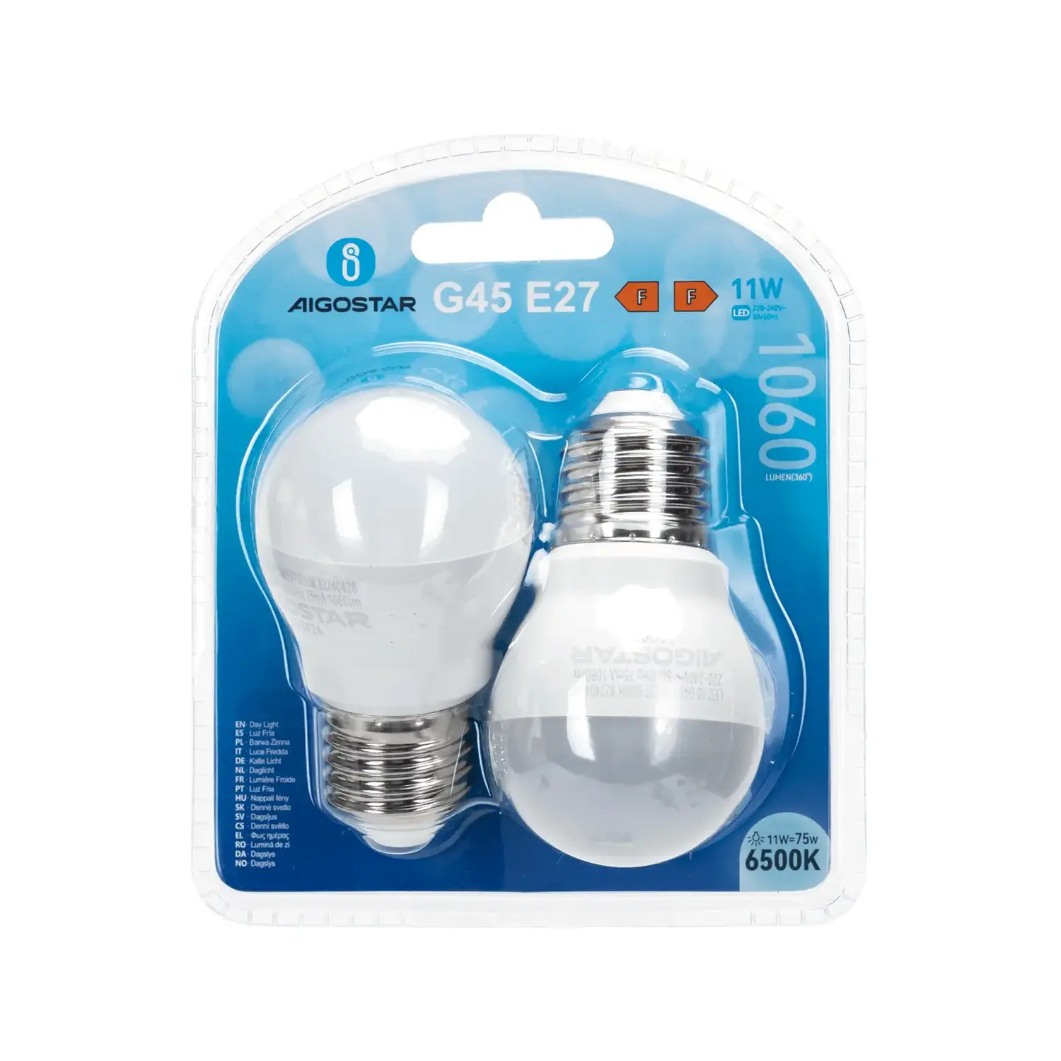 immagine lampadina led G45 e27 11 watt bianco freddo 2 pezzi busta plastica