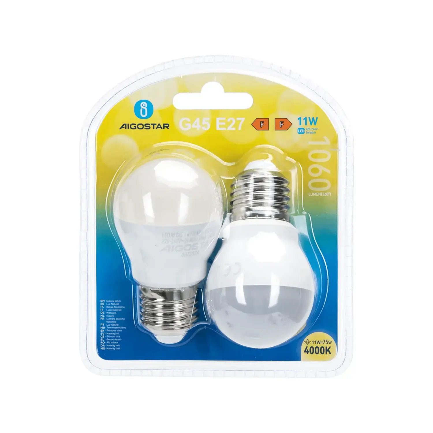 immagine lampadina led G45 e27 11 watt bianco naturale 2 pezzi busta plastica