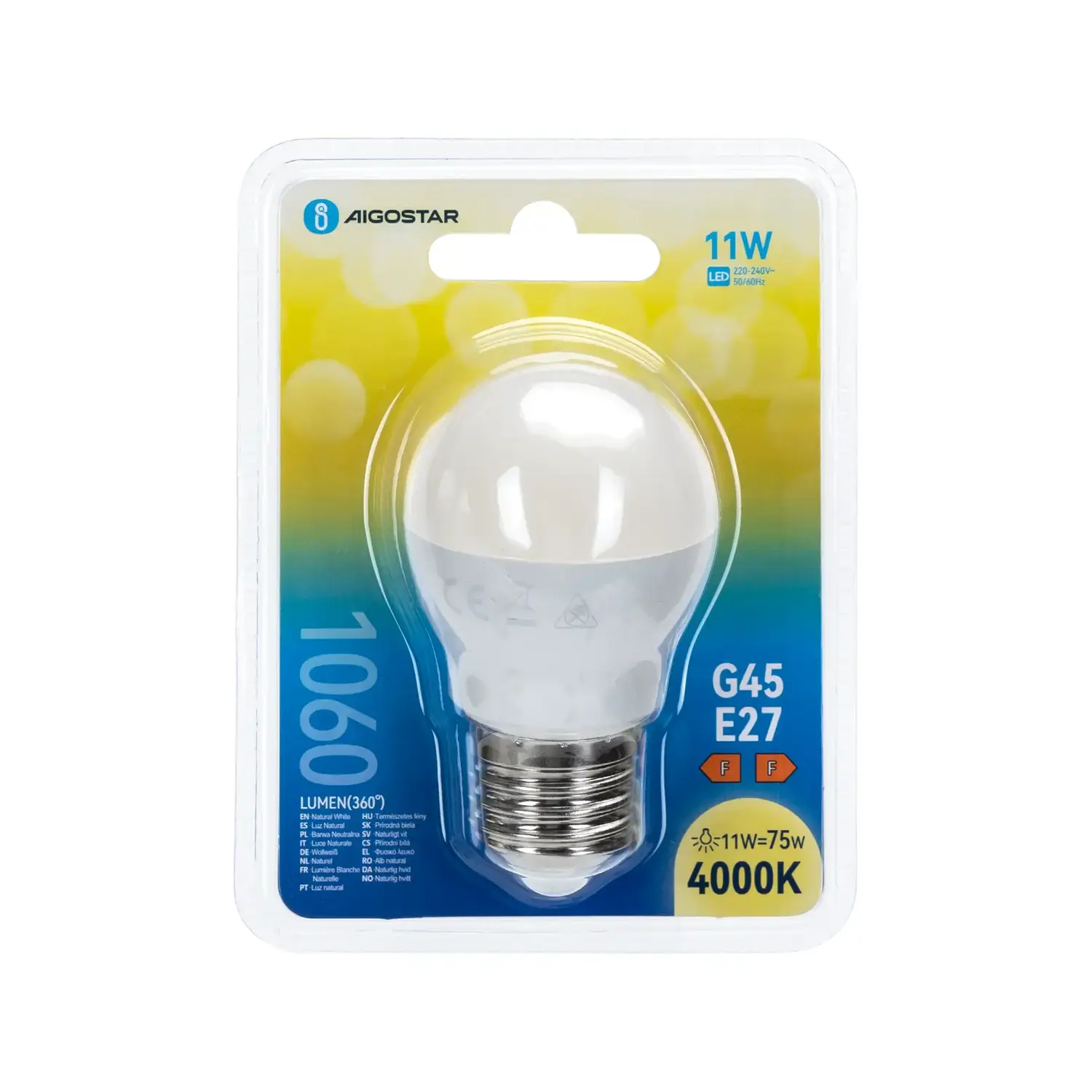 immagine lampadina led G45 e27 11 watt bianco naturale busta plastica