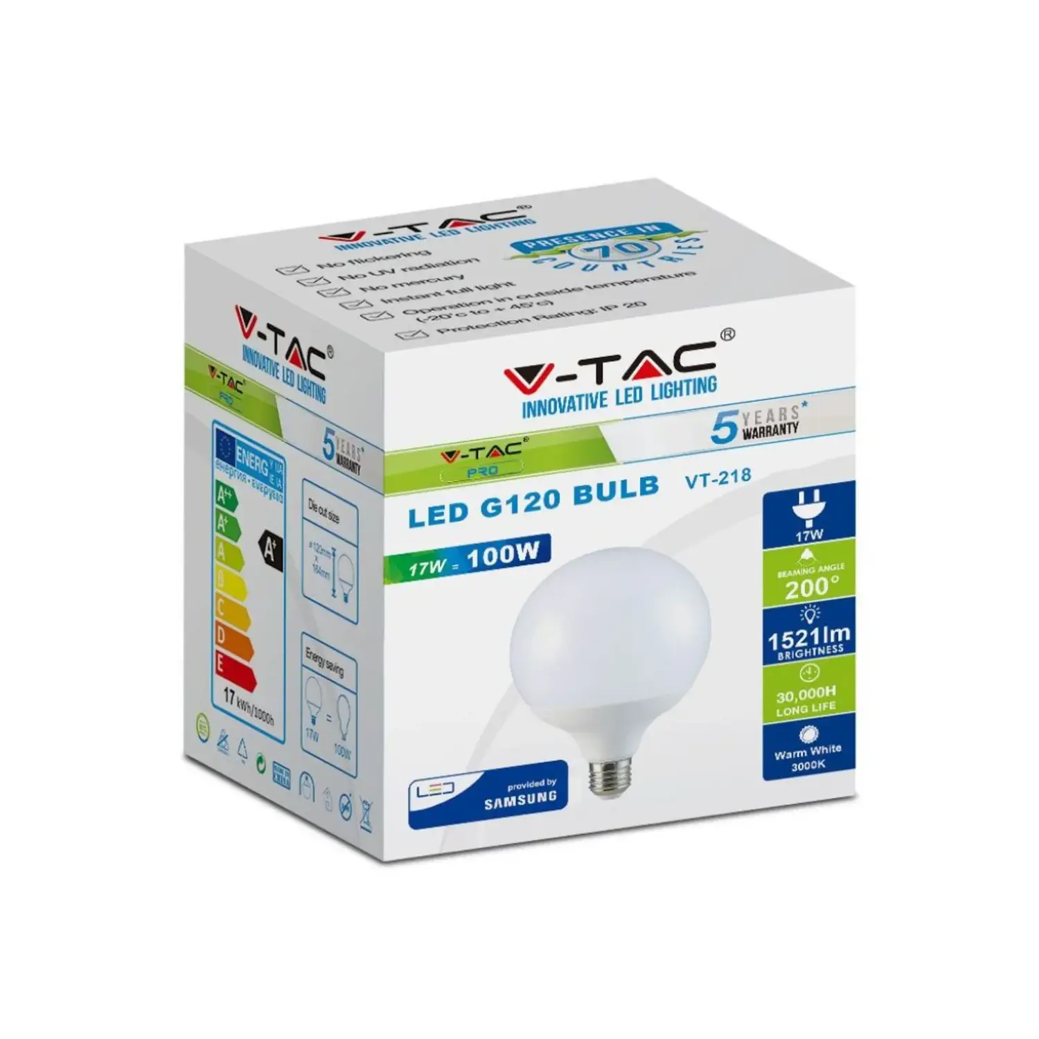 immagine lampadina led globo g120 chip samsung e27 17 watt bianco caldo