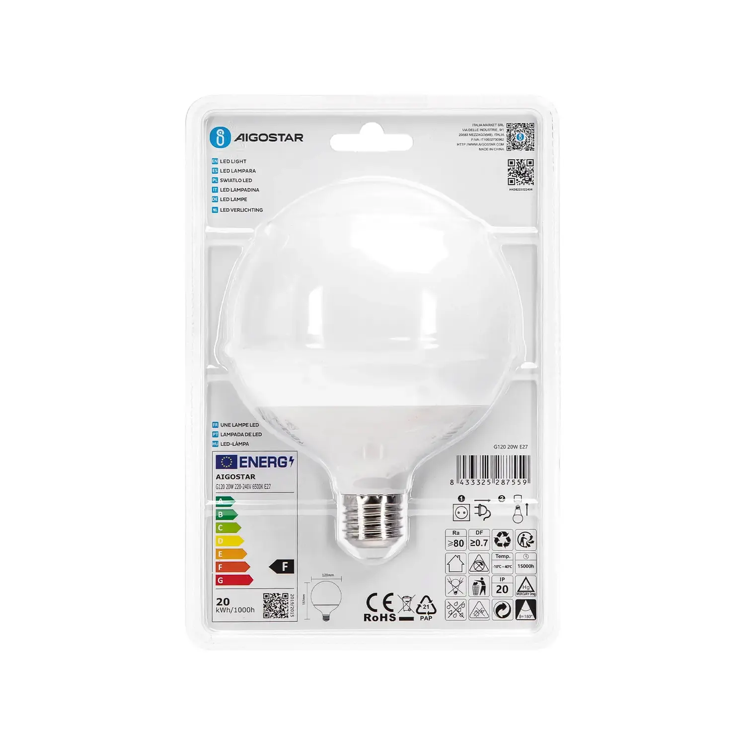 immagine lampadina led globo lampadario A120 e27 20 watt bianco freddo