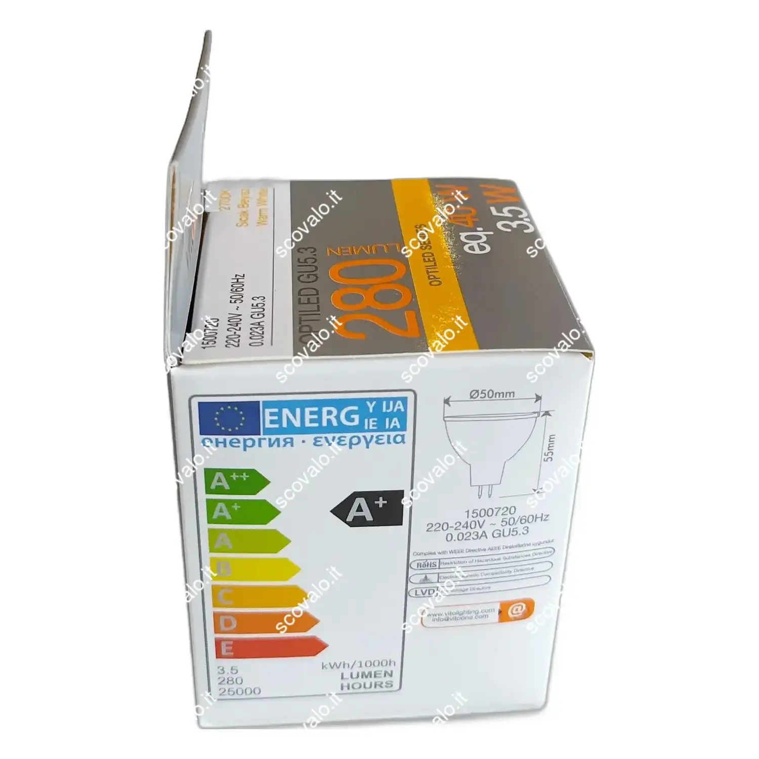 immagine lampadina led spot mr16 gu5.3 2700k 230volt gx5,3 3,5 watt bianco caldo