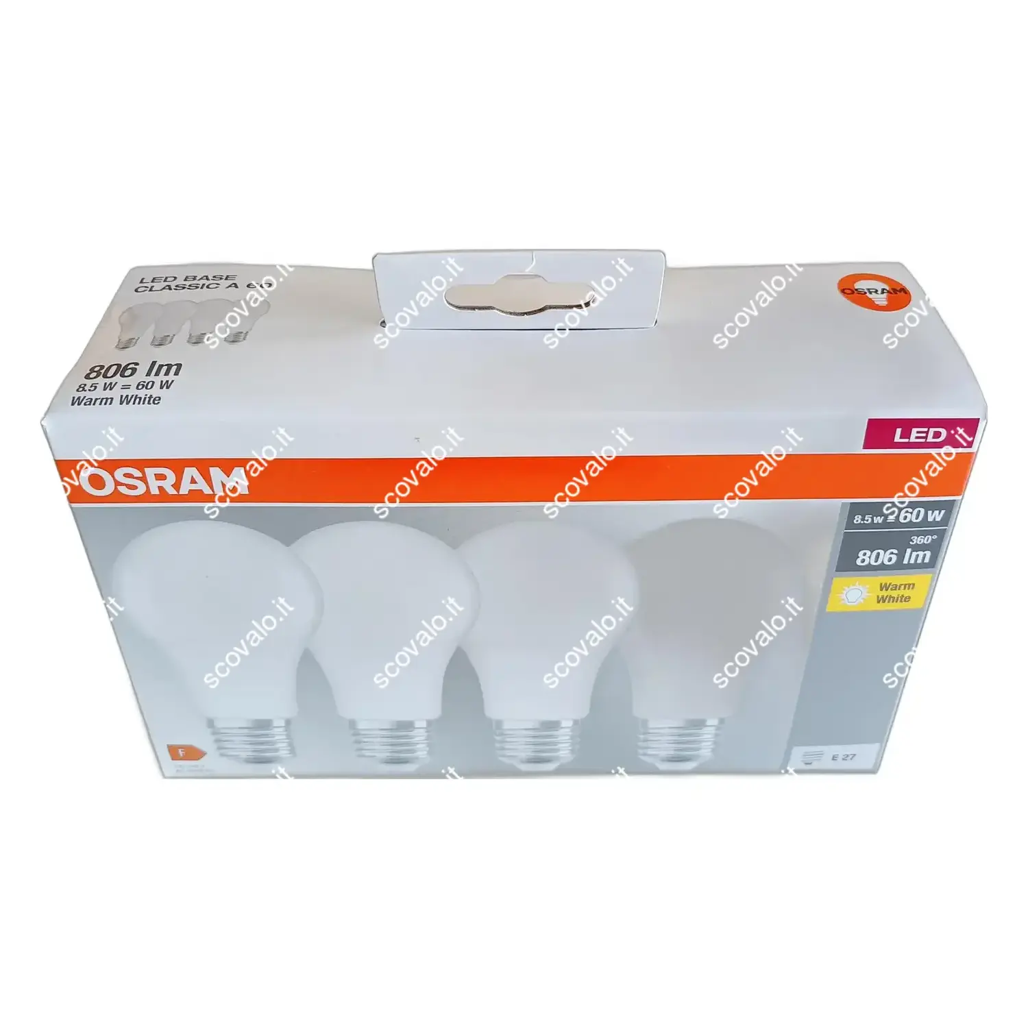 immagine lampadina led osram forma base A60 classic 4 pezzi e27 8,5 watt bianco caldo