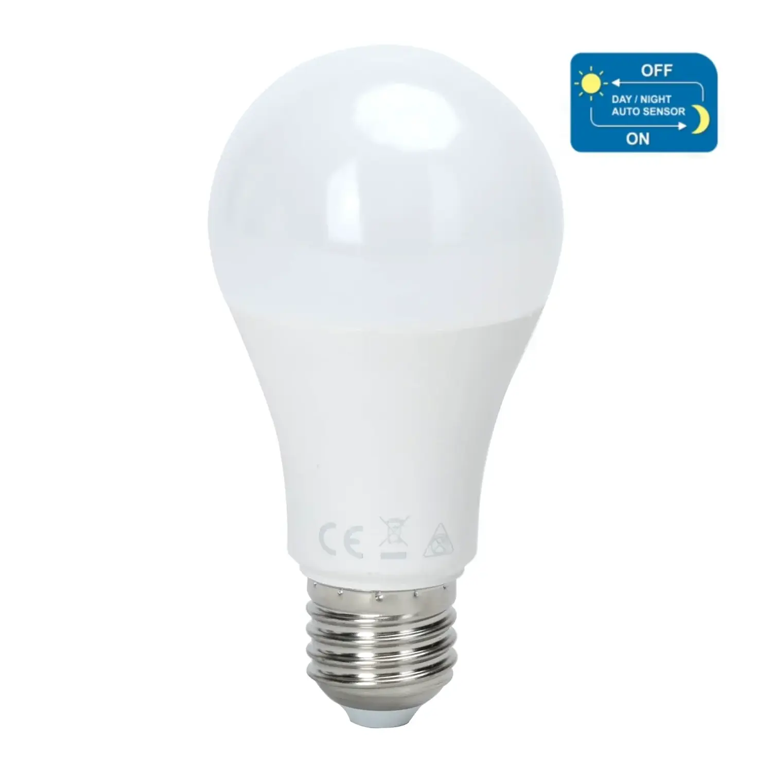 immagine del prodotto lampadina led A60 con sensore crepuscolare e27 15 watt bianco caldo busta plastica