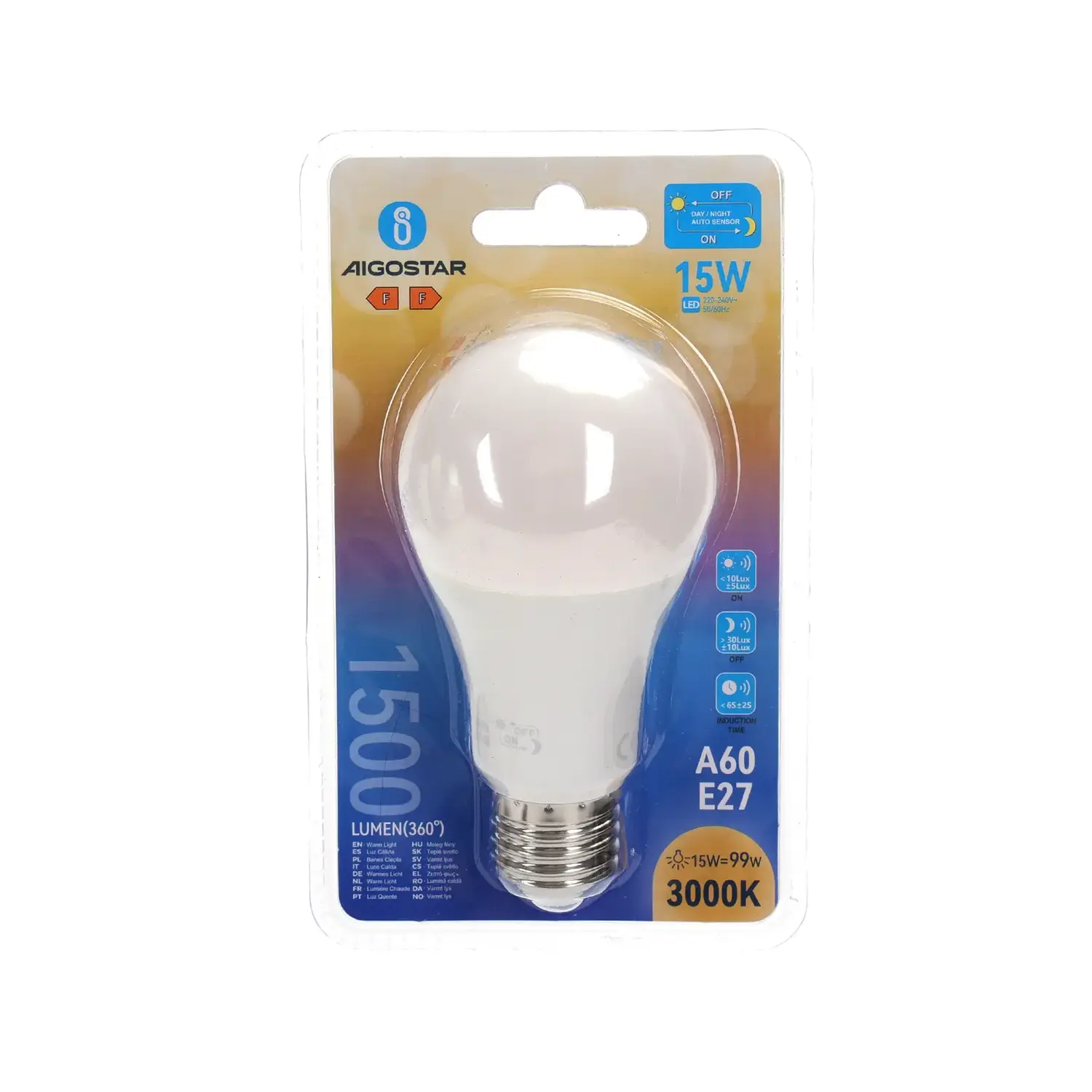 immagine lampadina led A60 con sensore crepuscolare e27 15 watt bianco caldo busta plastica