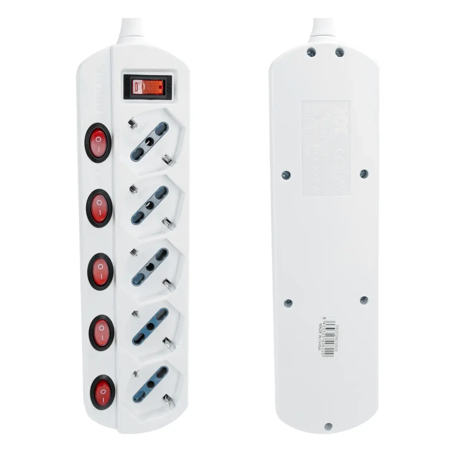 immagine Multipresa spina piatta 10A con interruttori 1,5 m 5 prese bipasso 10-16a schuko bianco