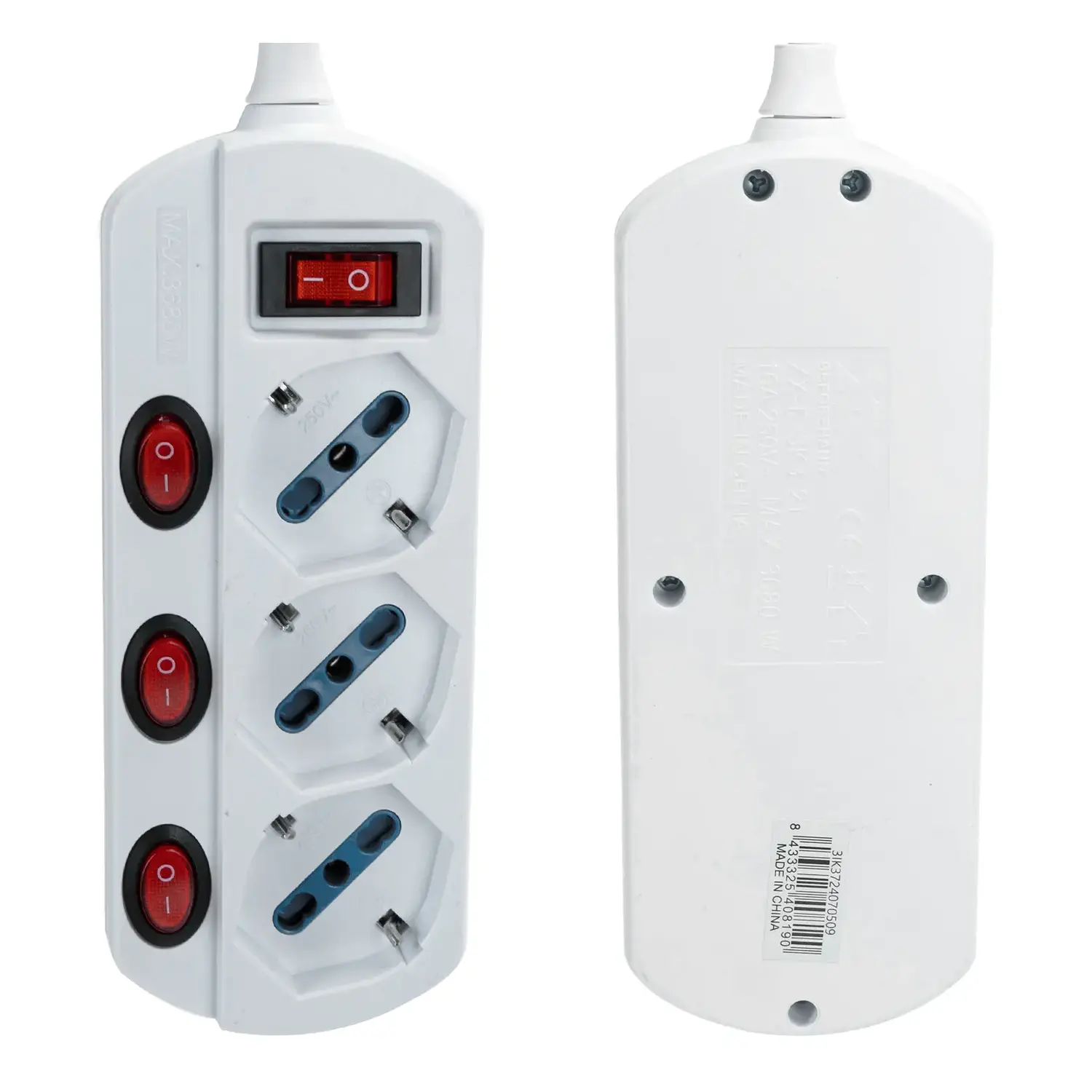 immagine Multipresa spina piatta 16A con interruttori 1,5 m 3 prese bipasso 10-16a schuko bianco