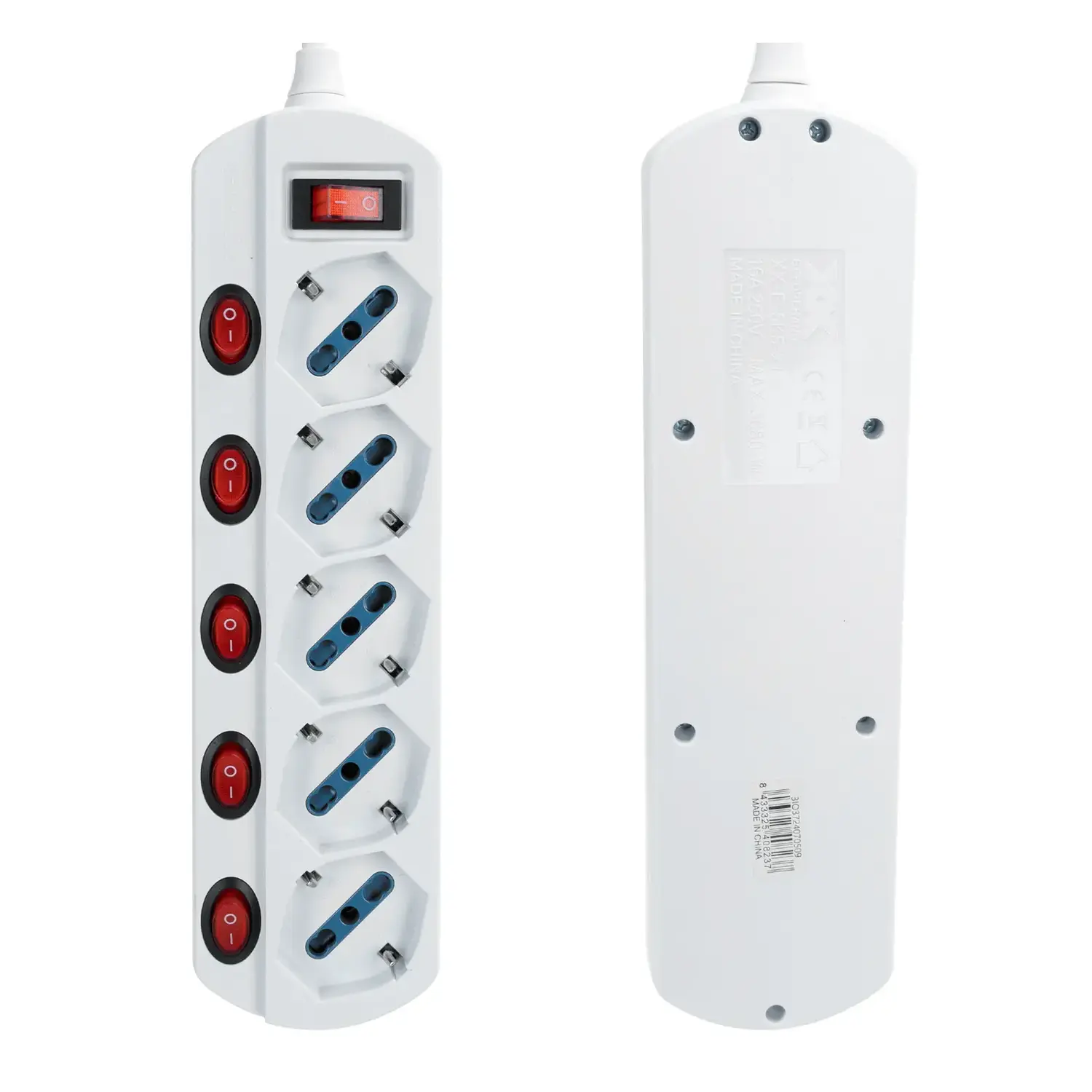 immagine Multipresa spina piatta 16A con interruttori 1,5 m 5 prese bipasso 10-16a schuko bianco