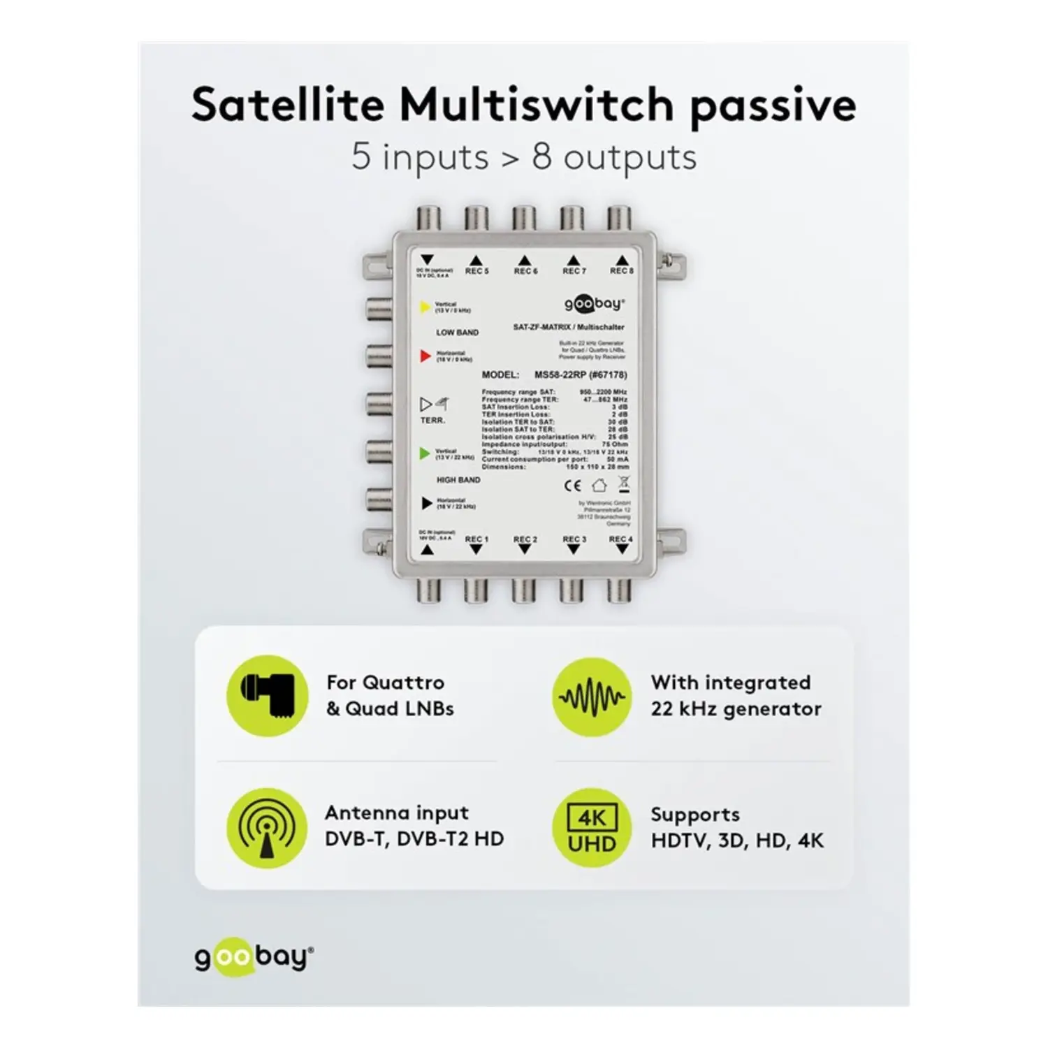 immagine Multiswitch Passivo SAT 5 Ingressi 8 Uscite Mid Demix 8 Utenti TV goobay