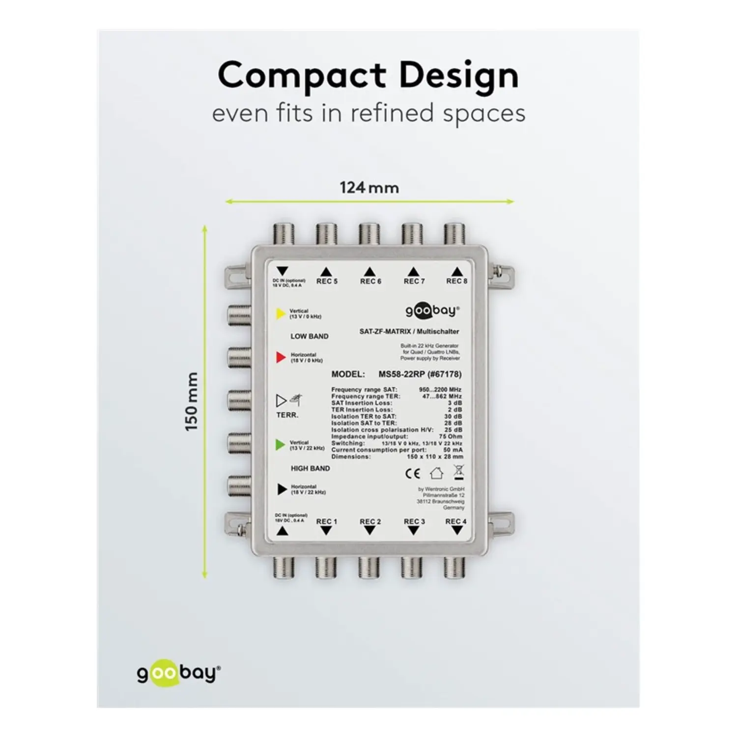 immagine Multiswitch Passivo SAT 5 Ingressi 8 Uscite Mid Demix 8 Utenti TV goobay