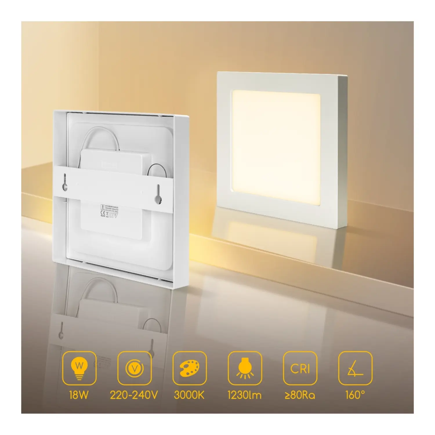 immagine pannello luminoso led da parete 18 watt bianco caldo quadrato