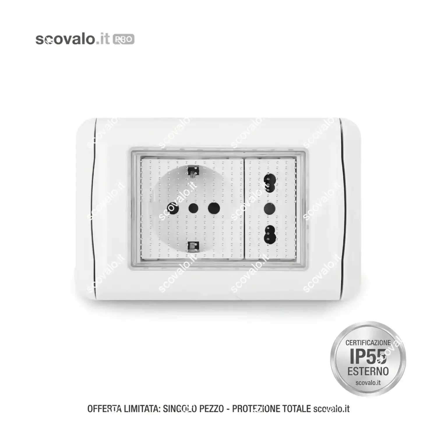 immagine del prodotto placca stagna con presa schuko e presa biapsso 3posti esterno