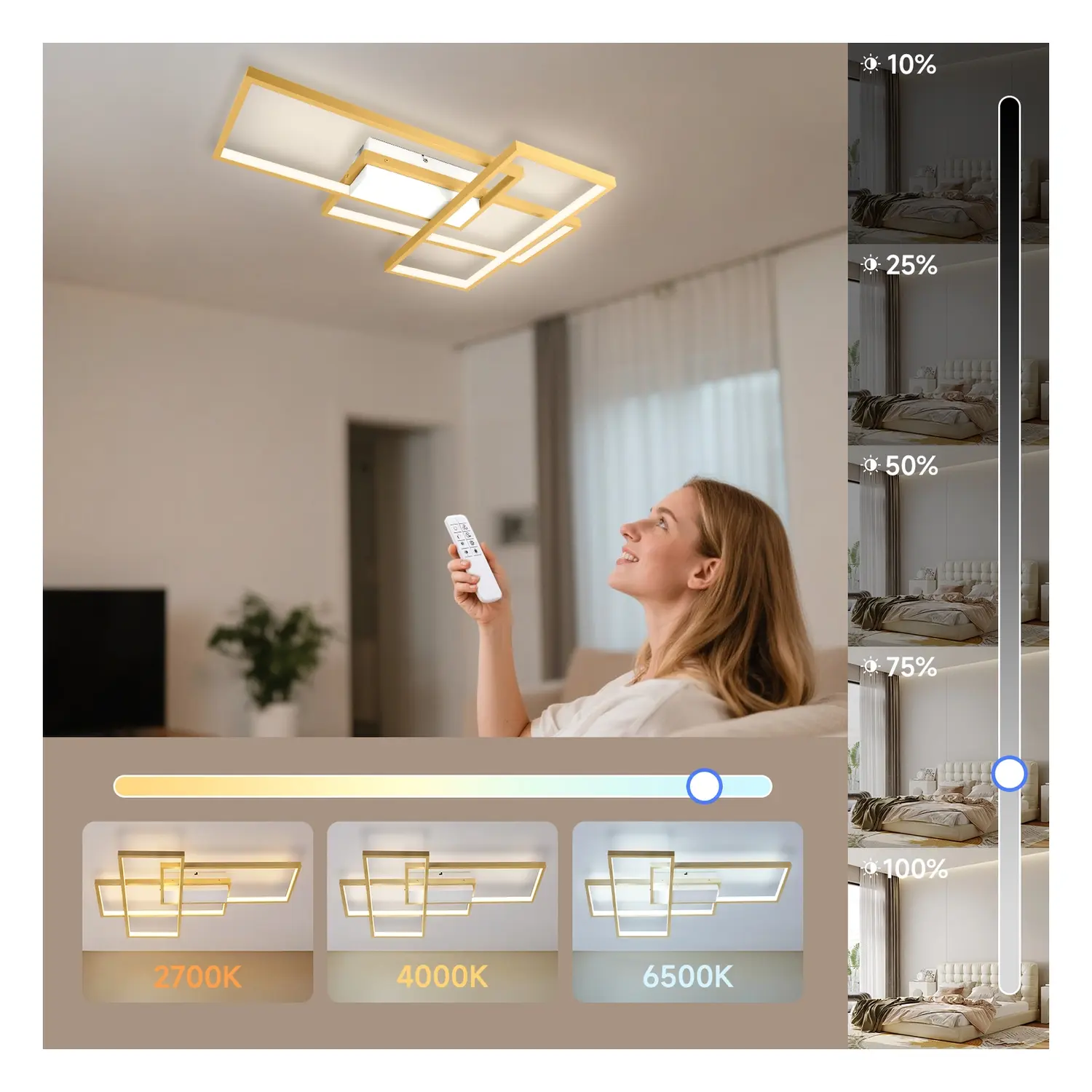 immagine Plafoniera LED geometrica 38W CCT quadrata color oro con telecomando