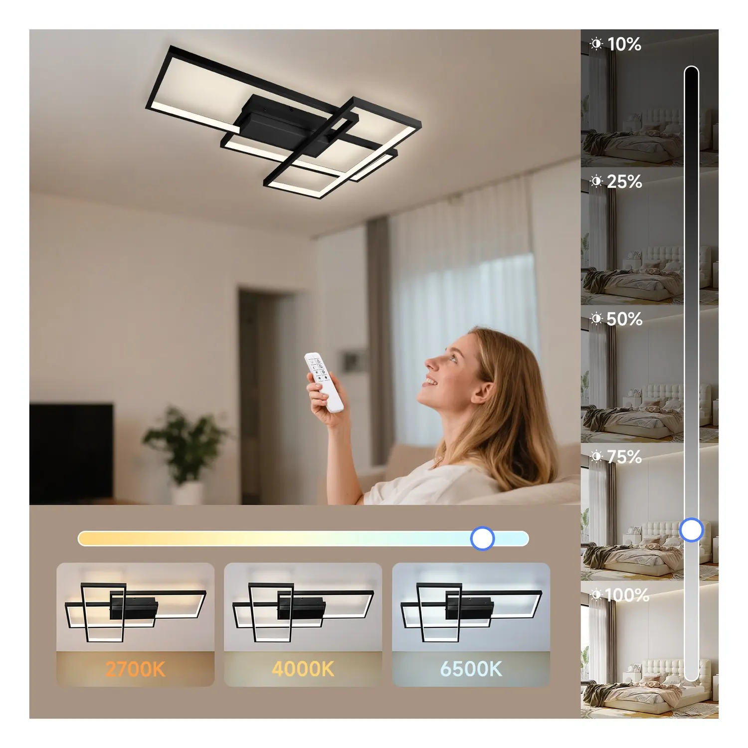 immagine Plafoniera LED geometrica 38W CCT quadrata con telecomando nero