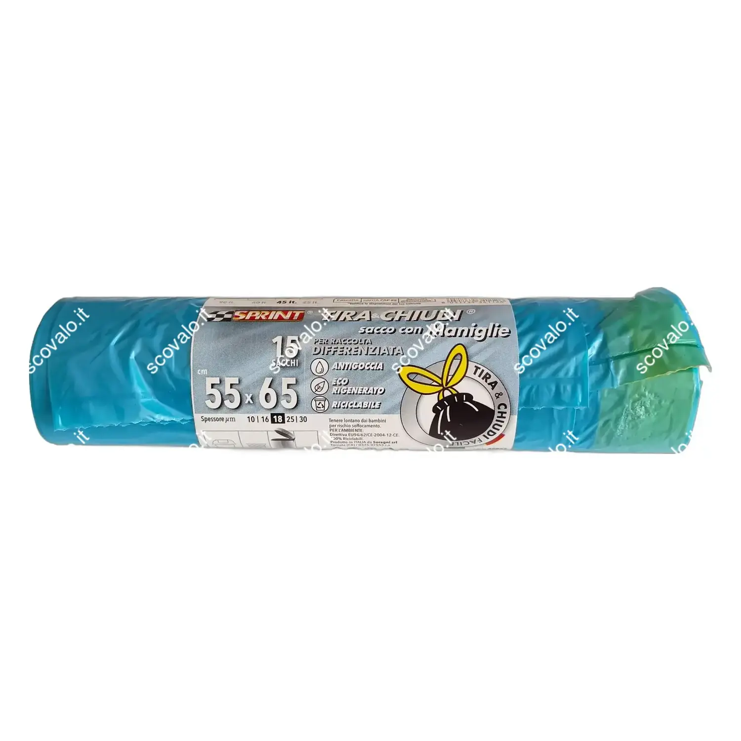 immagine rotolo 15 sacco tira e chiudi immondizia maniglie antigoccia eco 55x65cm