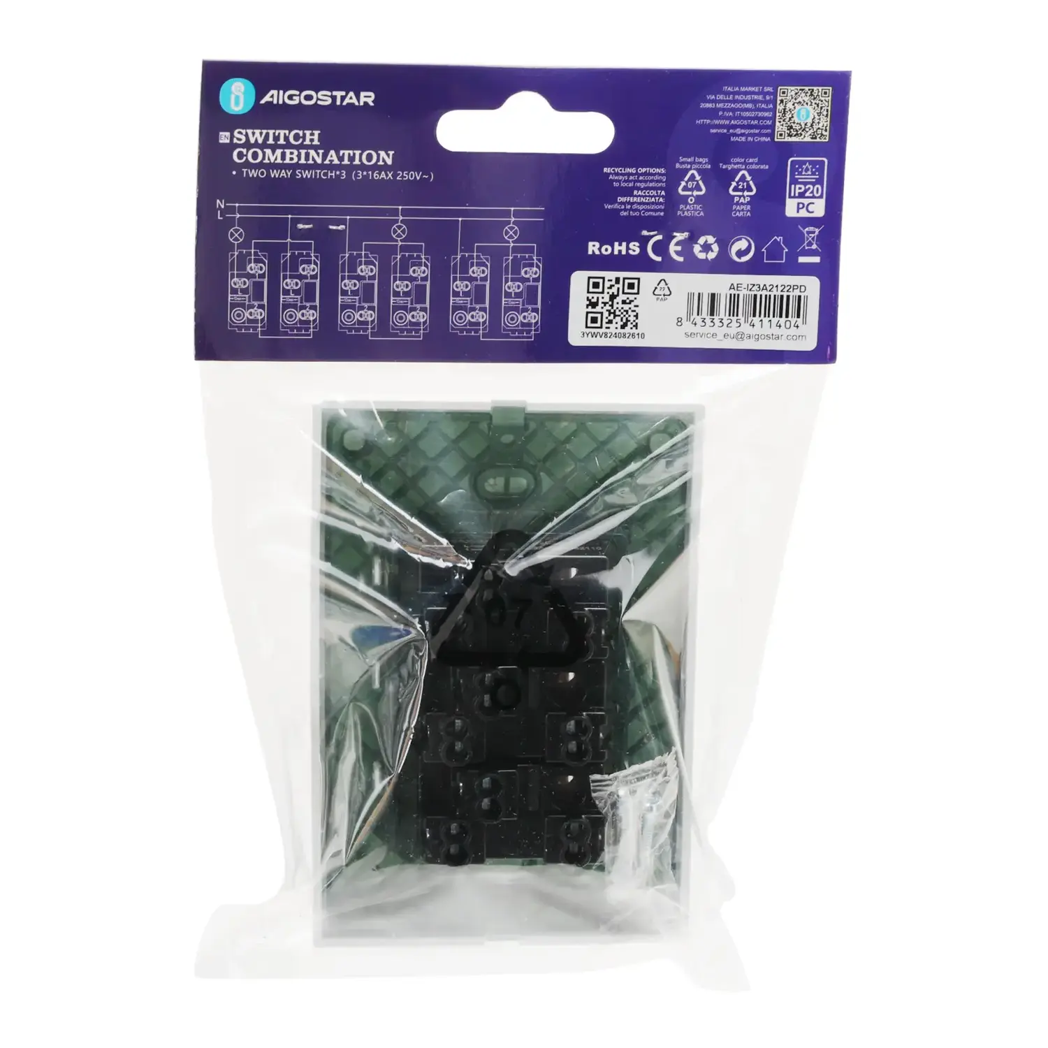 immagine Serie italiana AVP, interruttore da parete a incasso, bianca (3 interruttori deviati) bianco