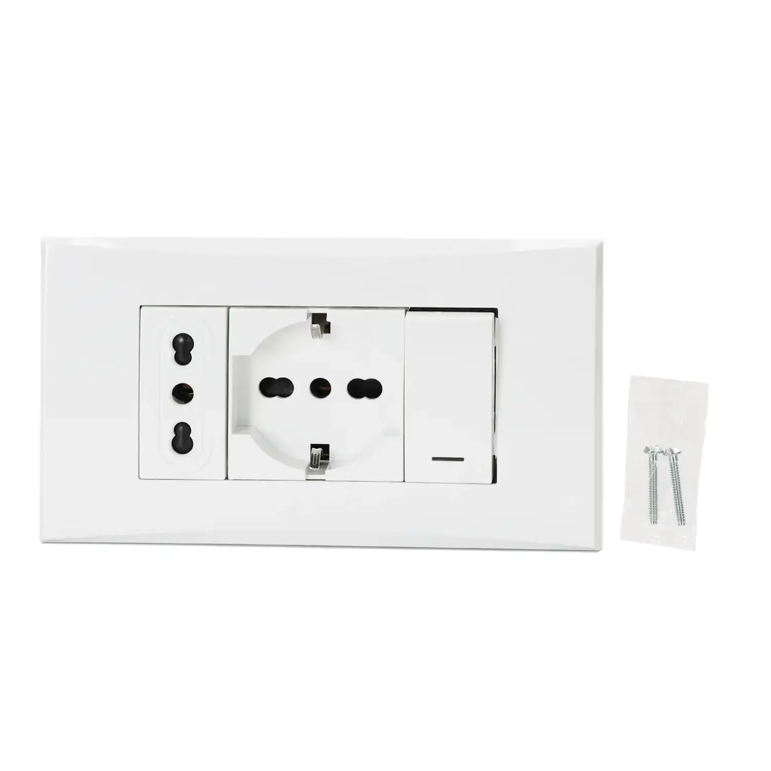 immagine Serie italiana AVP, interruttore e presa da parete a incasso, bianca (interruttore deviato + presa P17/11 + presa P40) bianco