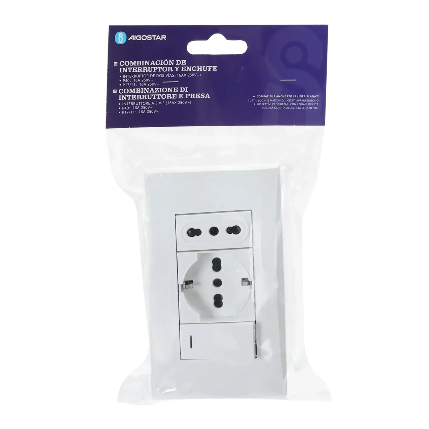 immagine Serie italiana AVP, interruttore e presa da parete a incasso, bianca (interruttore deviato + presa P17/11 + presa P40) bianco