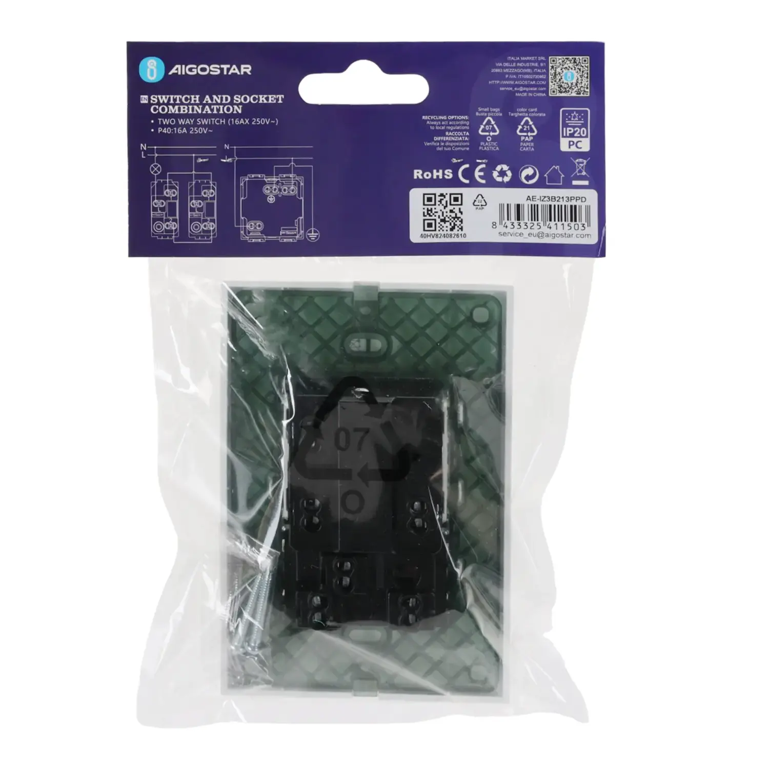 immagine Serie italiana AVP, interruttore e presa da parete a incasso, bianca (interruttore deviato + presa P40) bianco