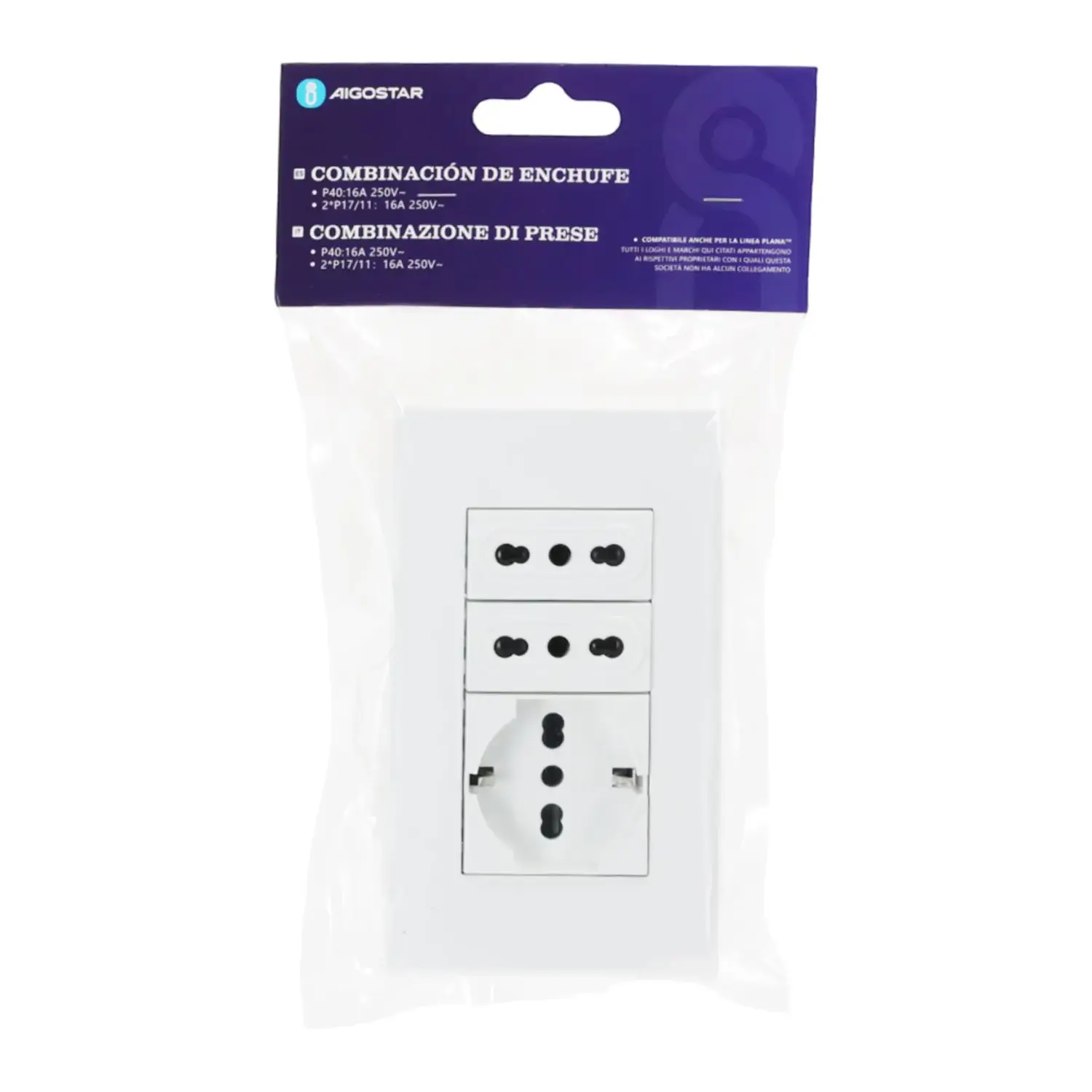 immagine Serie italiana AVP, presa da parete a incasso, bianca (2 prese P17/11 + presa P40) bianco