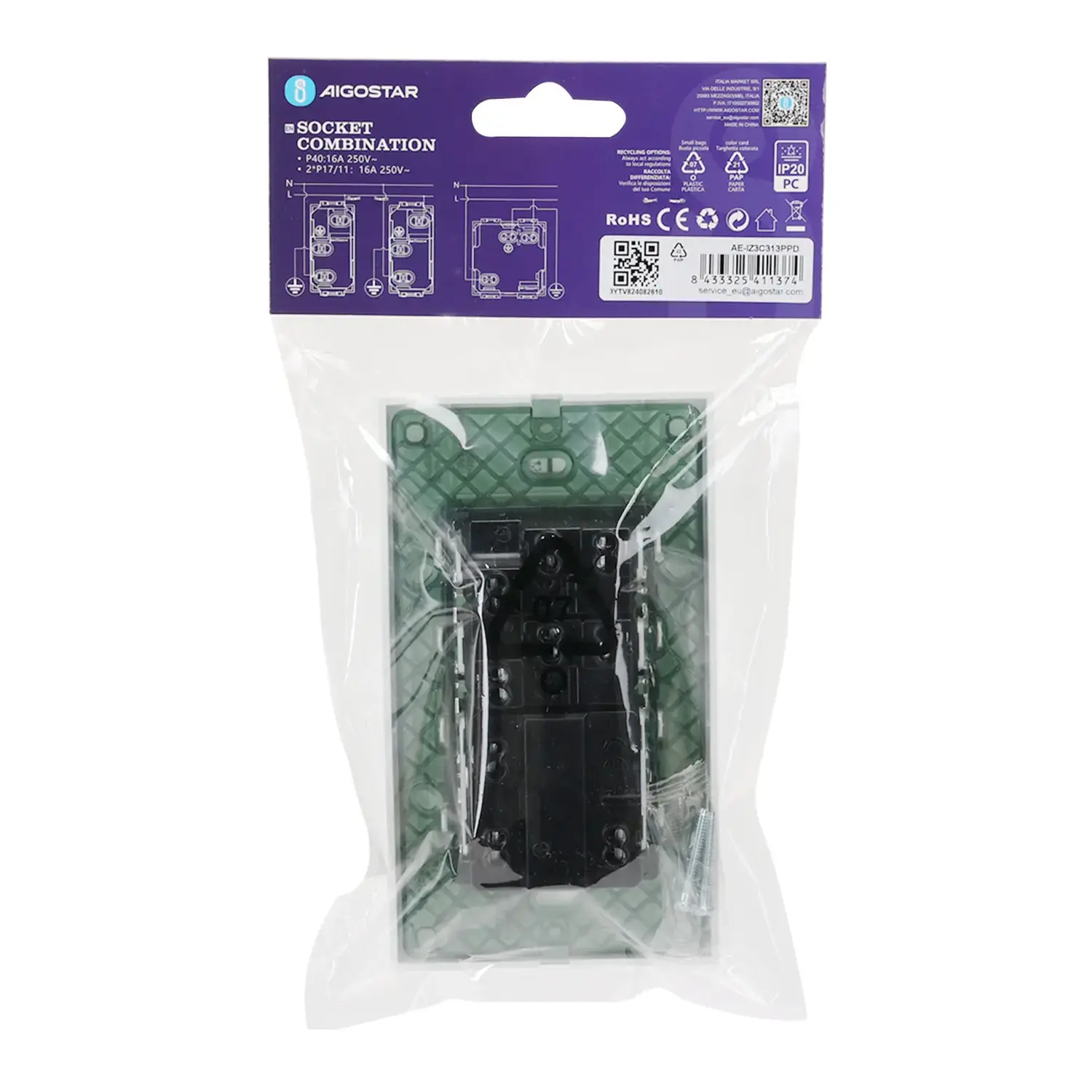 immagine Serie italiana AVP, presa da parete a incasso, bianca (2 prese P17/11 + presa P40) bianco