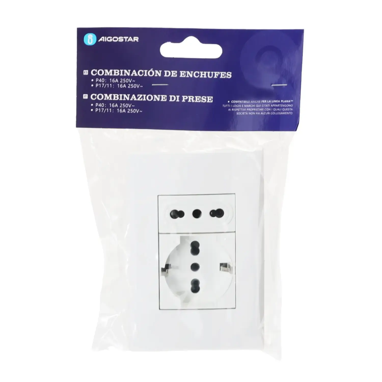 immagine Serie italiana AVP, presa da parete a incasso, bianca (prese P17/11 + presa P40) bianco