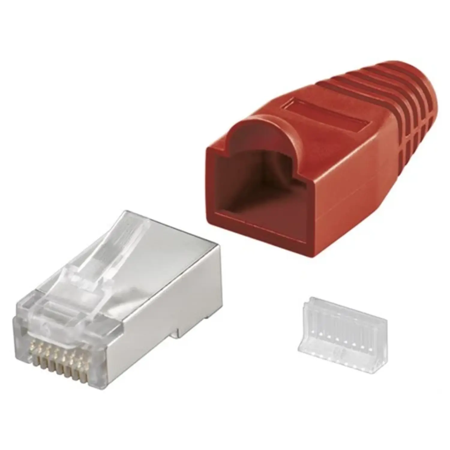 immagine spina rj45 cat 5e plug di rete schermato per cavo tondo con guaina rosso