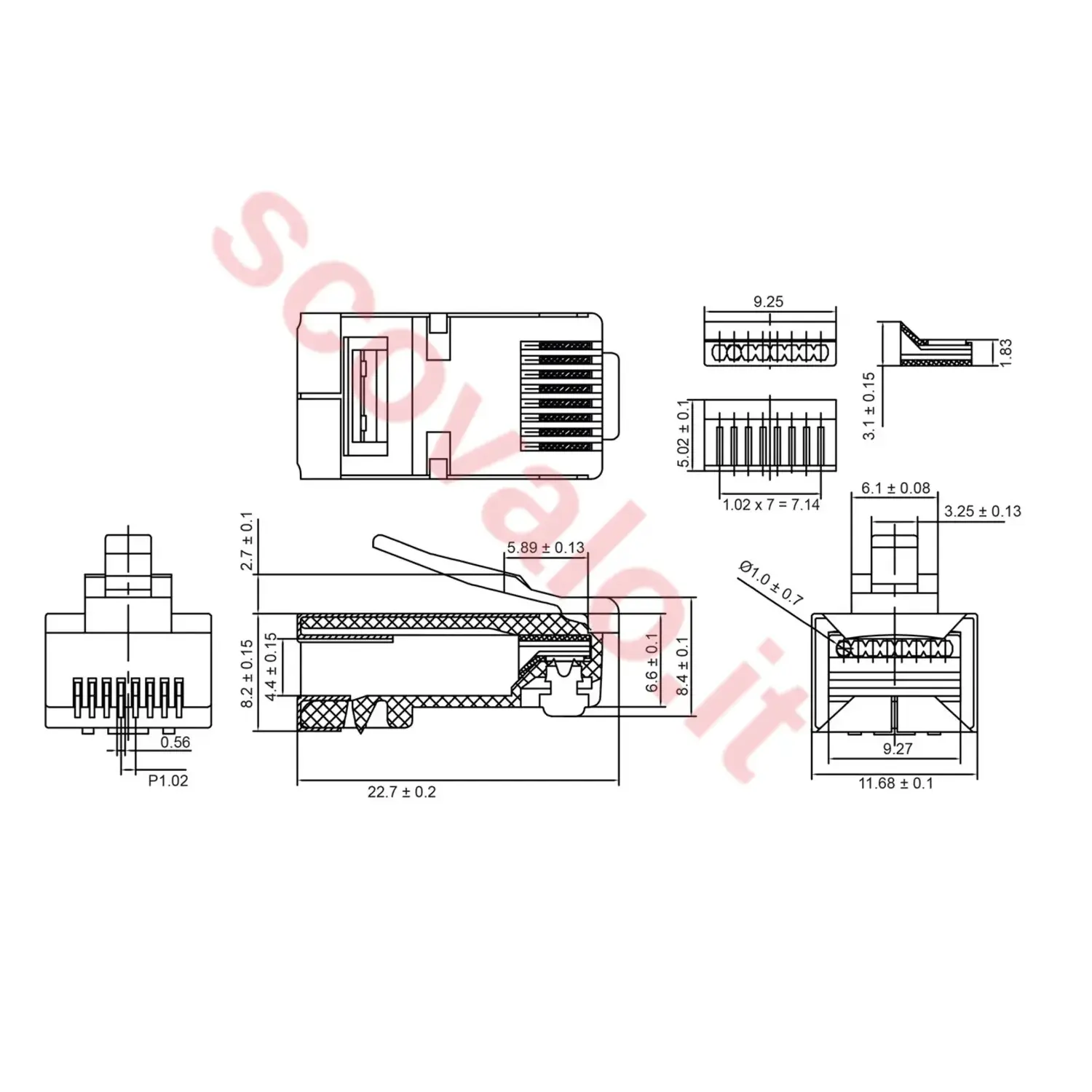 immagine spina rj45 cat 5e plug di rete schermato per cavo tondo con guaina rosso