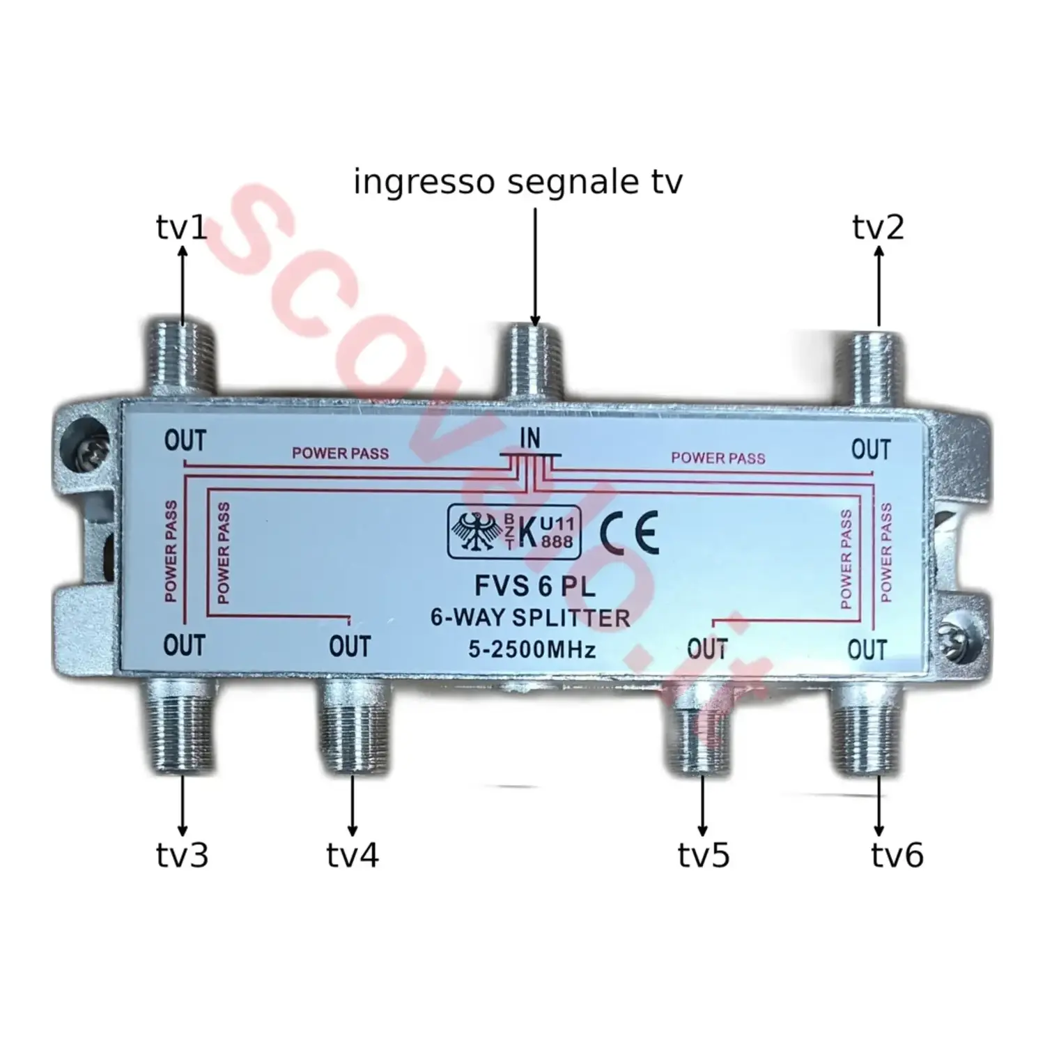 immagine splitter derivatore sat tv 5-2400 mhz digitale terrestre 1 ingresso 6 uscite