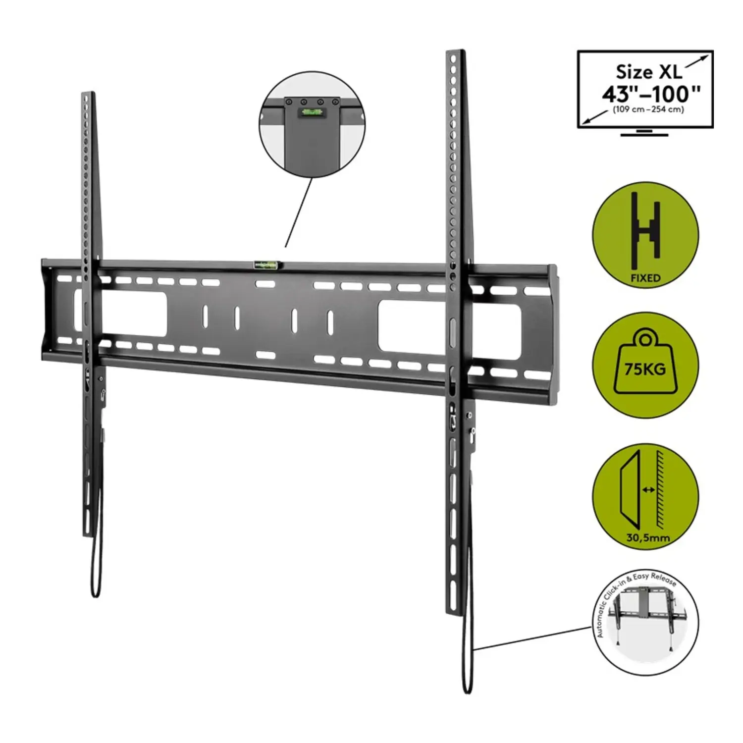immagine del prodotto supporto tv a parete pro fixed xl televisore da 43 a 100 pollici staffa qled o led