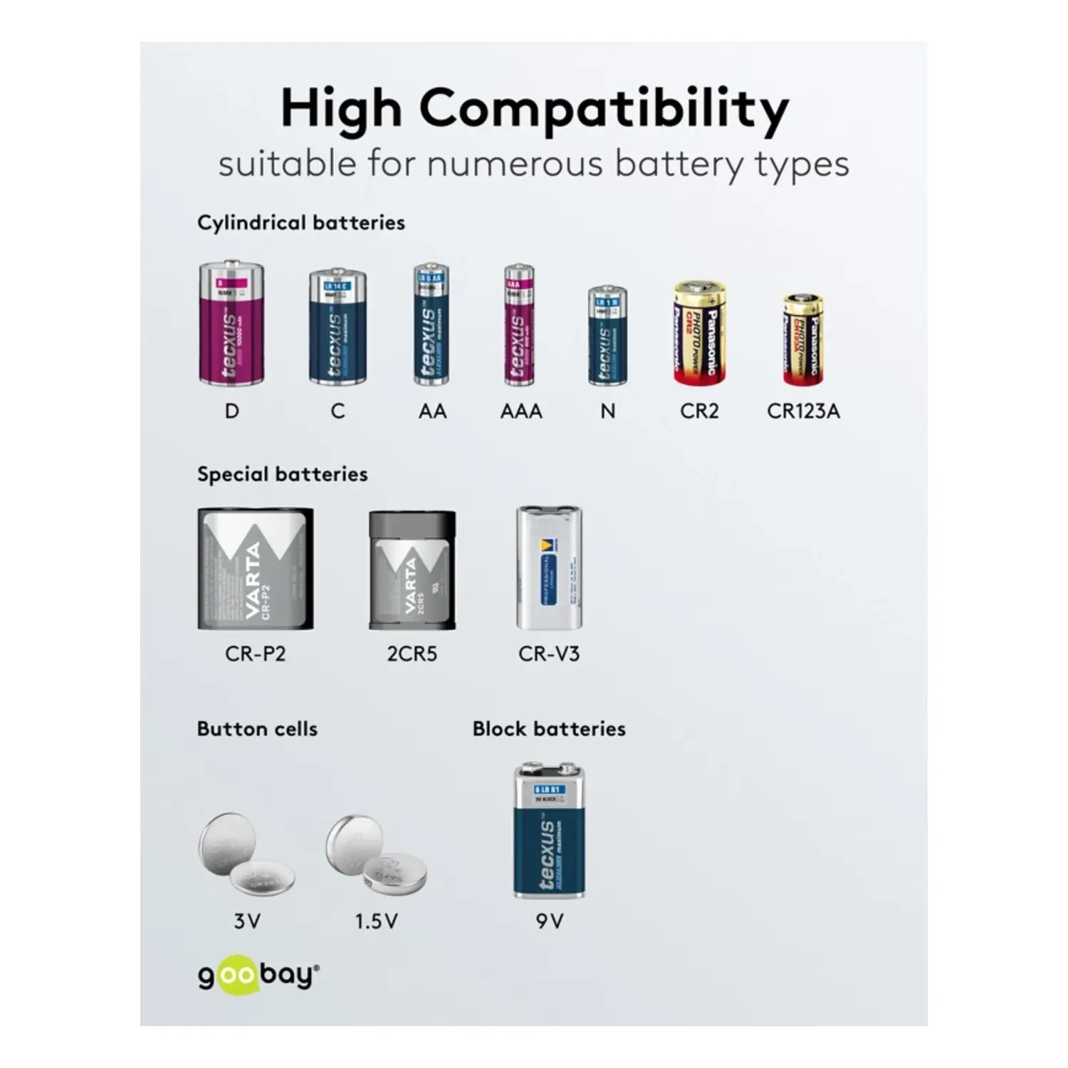 immagine Tester Batterie LCD Goobay 9V AA AAA D N CR2032 LR44 Compatibile