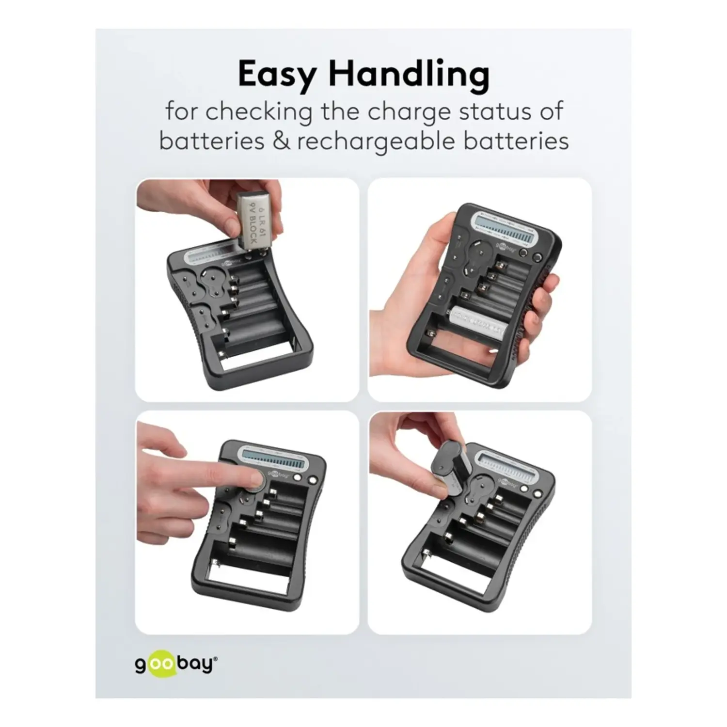 immagine Tester Batterie LCD Goobay 9V AA AAA D N CR2032 LR44 Compatibile