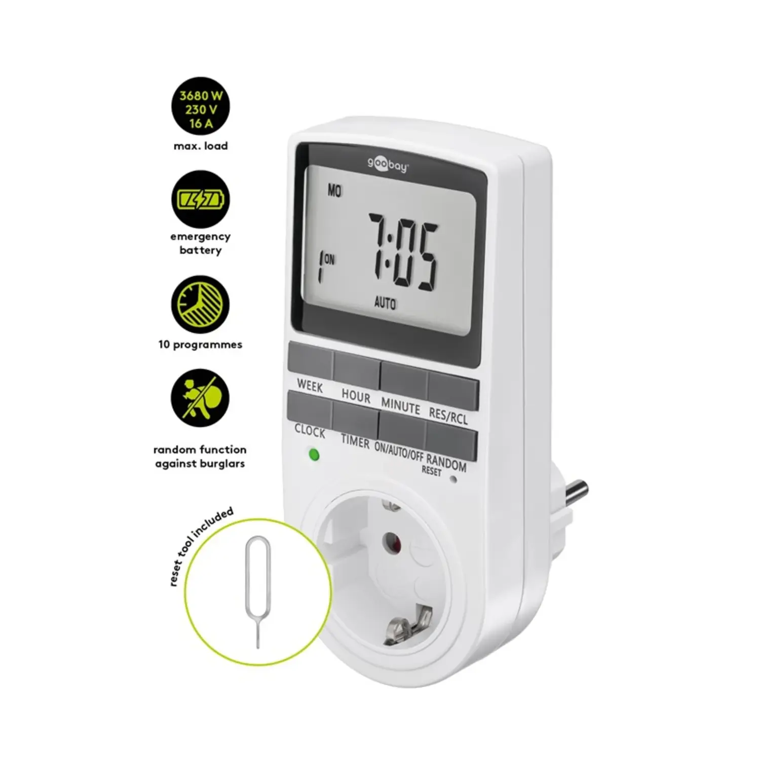 immagine del prodotto timer orologio digitale schuko 16A display luci temporizzate modalità antieffrazione