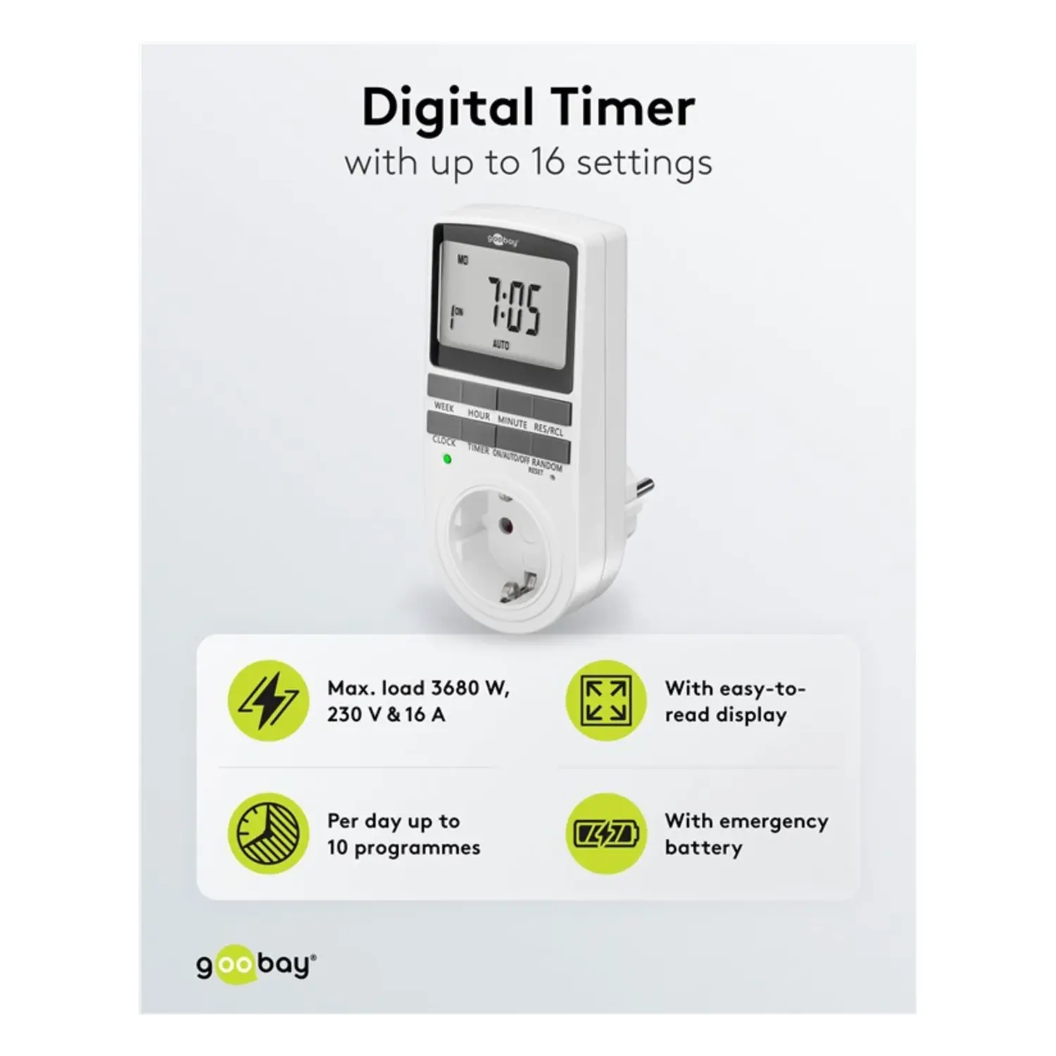 immagine timer orologio digitale schuko 16A display luci temporizzate modalità antieffrazione