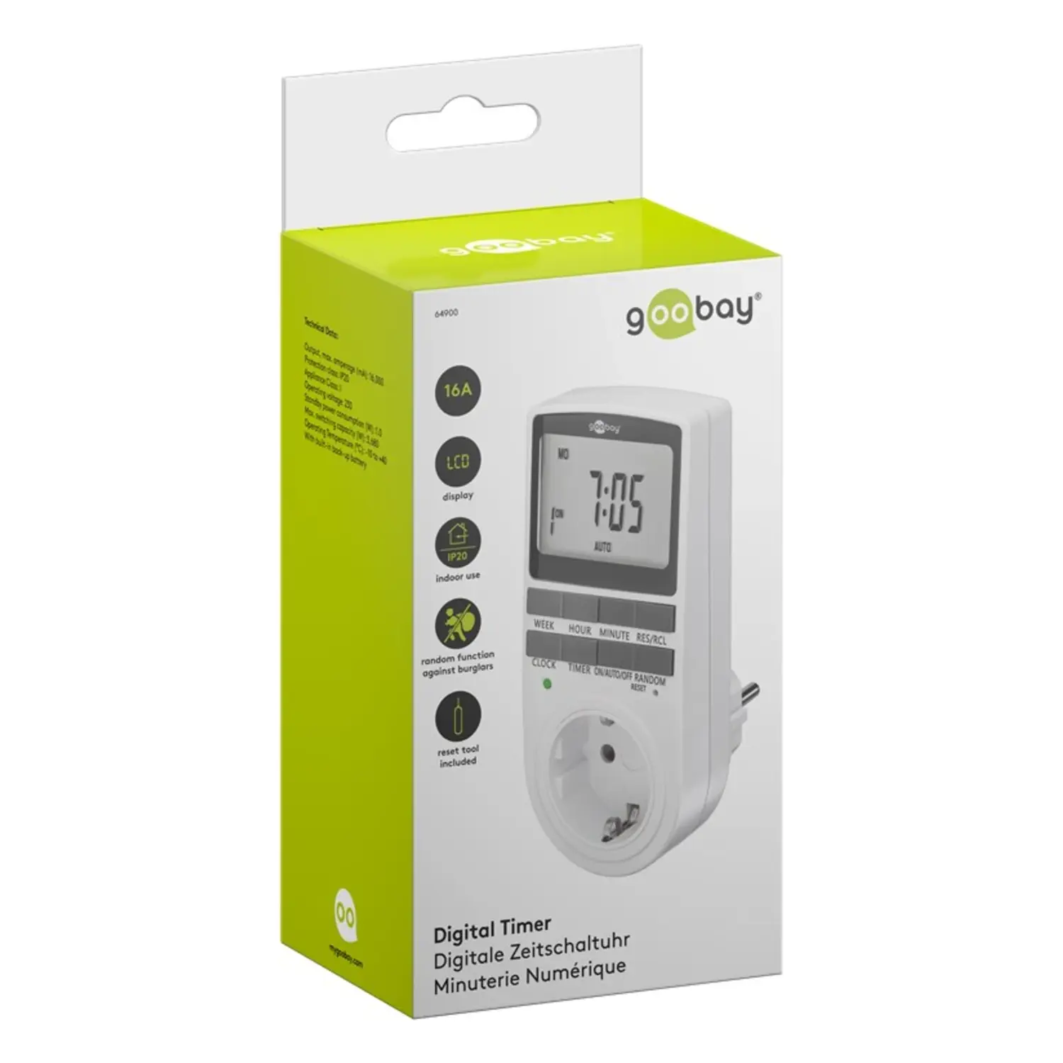 immagine timer orologio digitale schuko 16A display luci temporizzate modalità antieffrazione