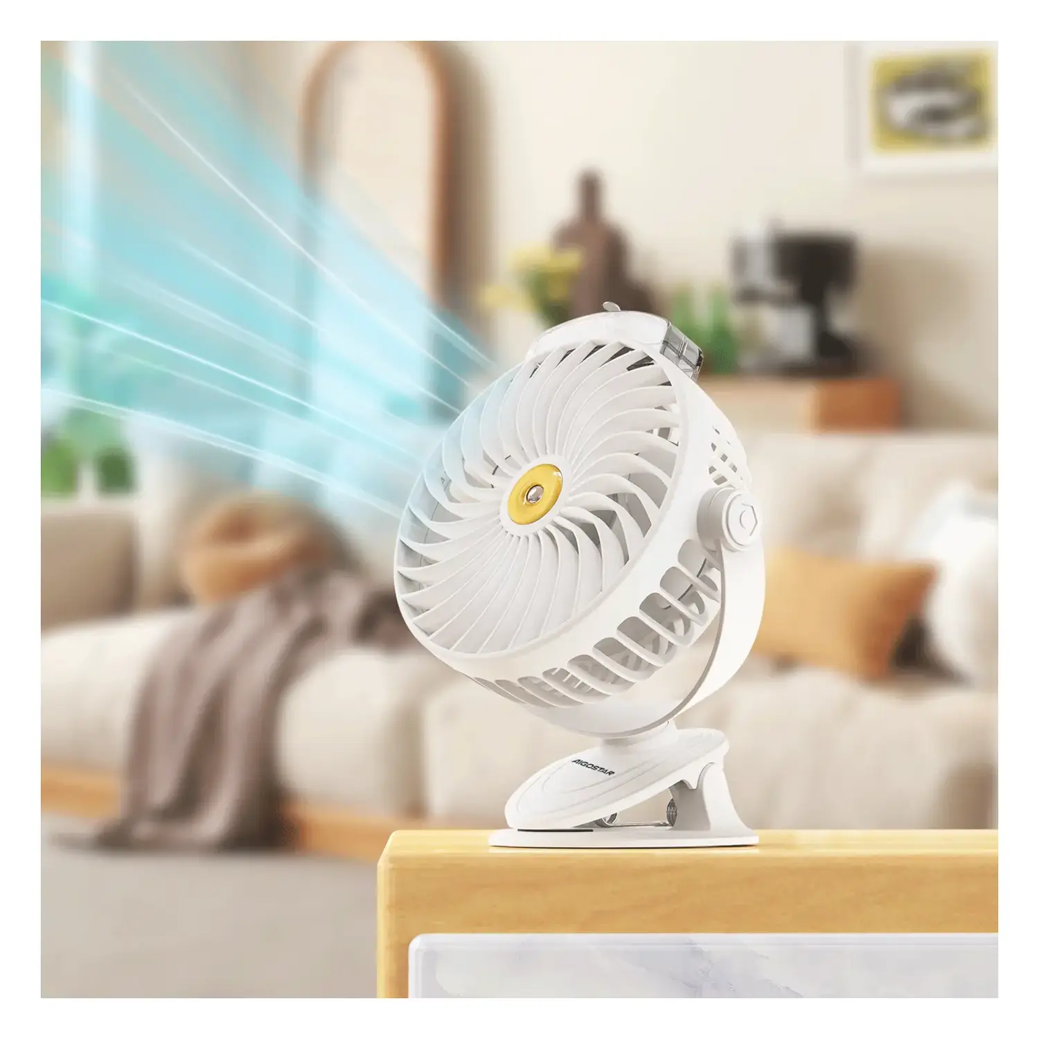 immagine Ventilatore a clip da tavolo 6 pollici, 3 pale, 5 velocità, 2400mAh, bianco