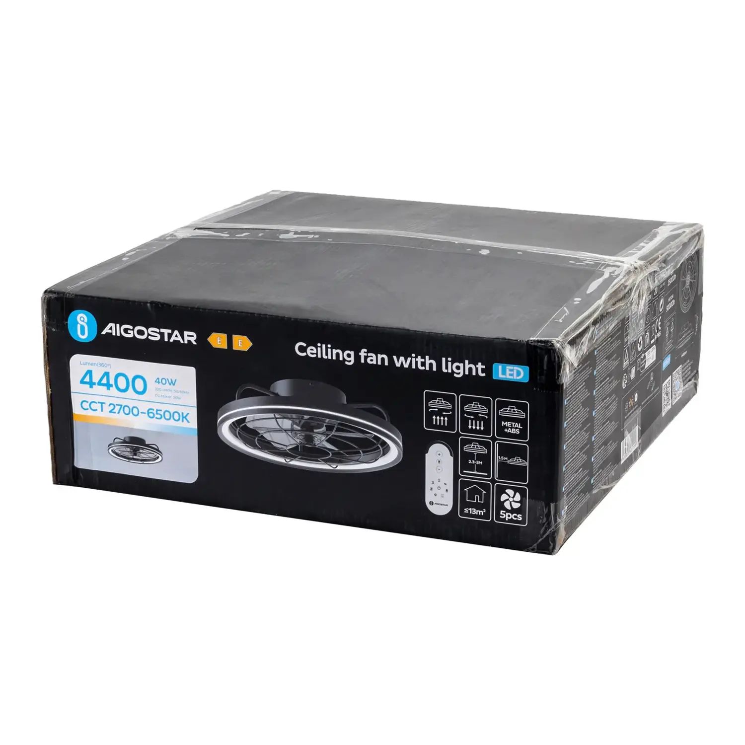 immagine Ventilatore da soffitto con luce LED, 19,5 pollici, 5 pale, 6 velocità, nero