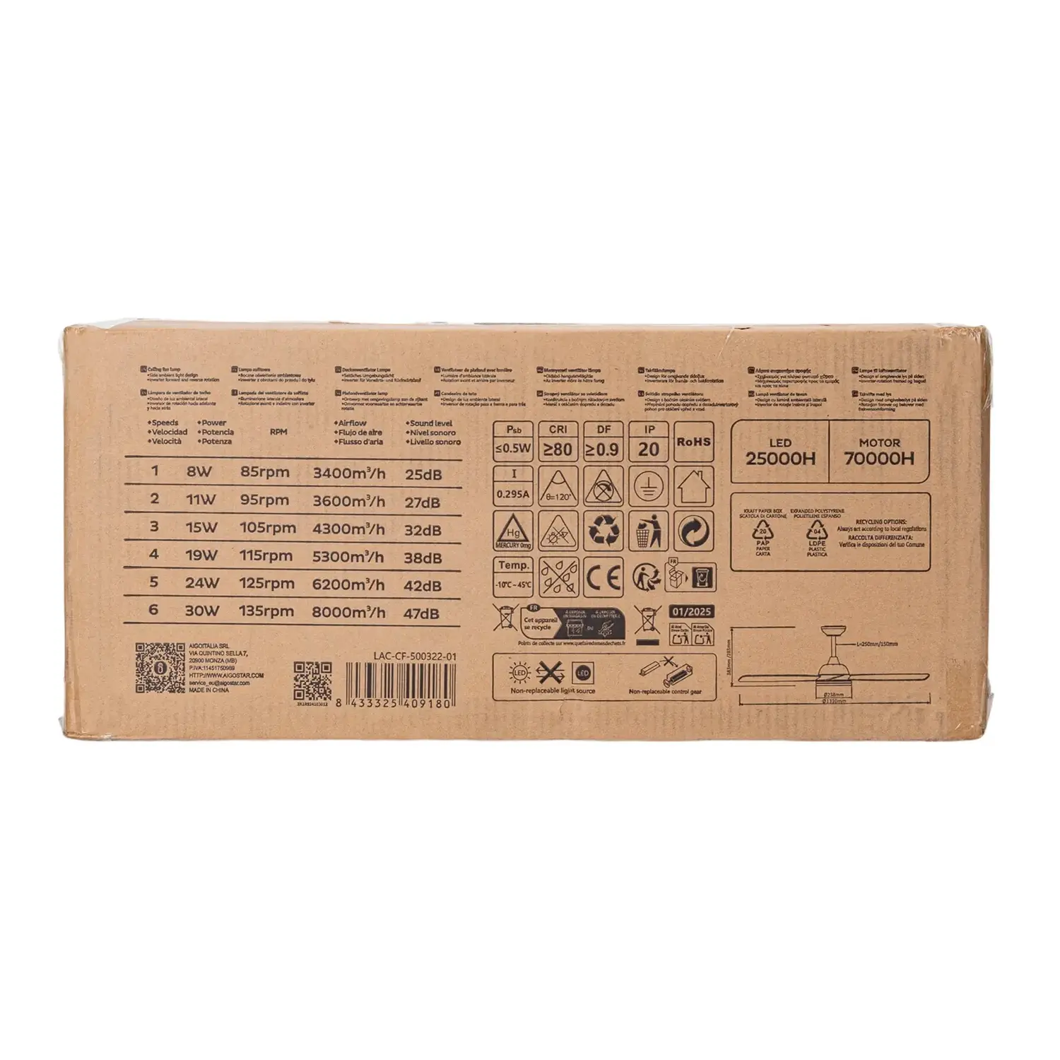 immagine Ventilatore da soffitto con luce LED, 52 pollici, 5 pale, 6 velocità, nero