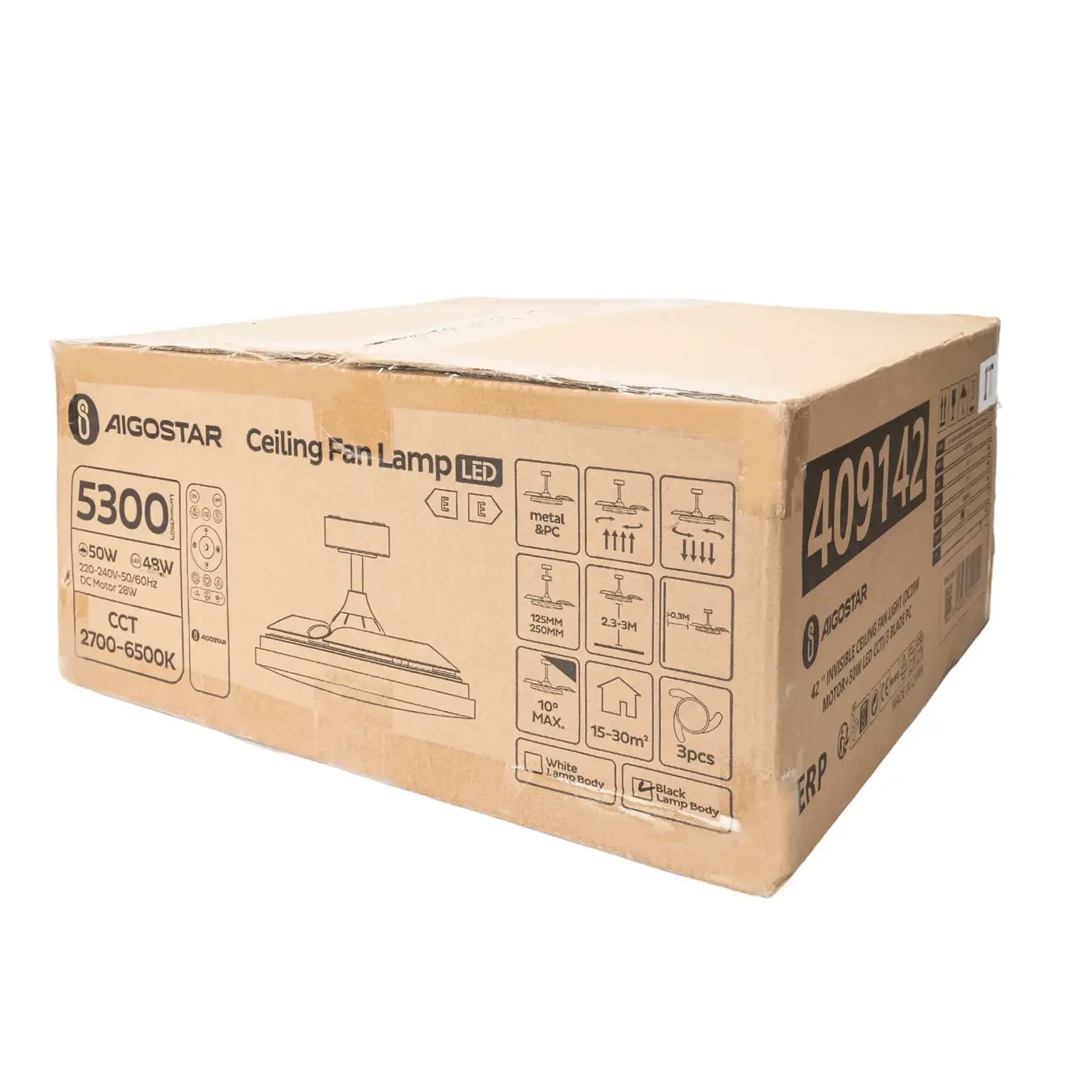 immagine Ventilatore da soffitto con pale, invisibili con luce LED, 42 pollici, 3 pale, 6 velocità, nero