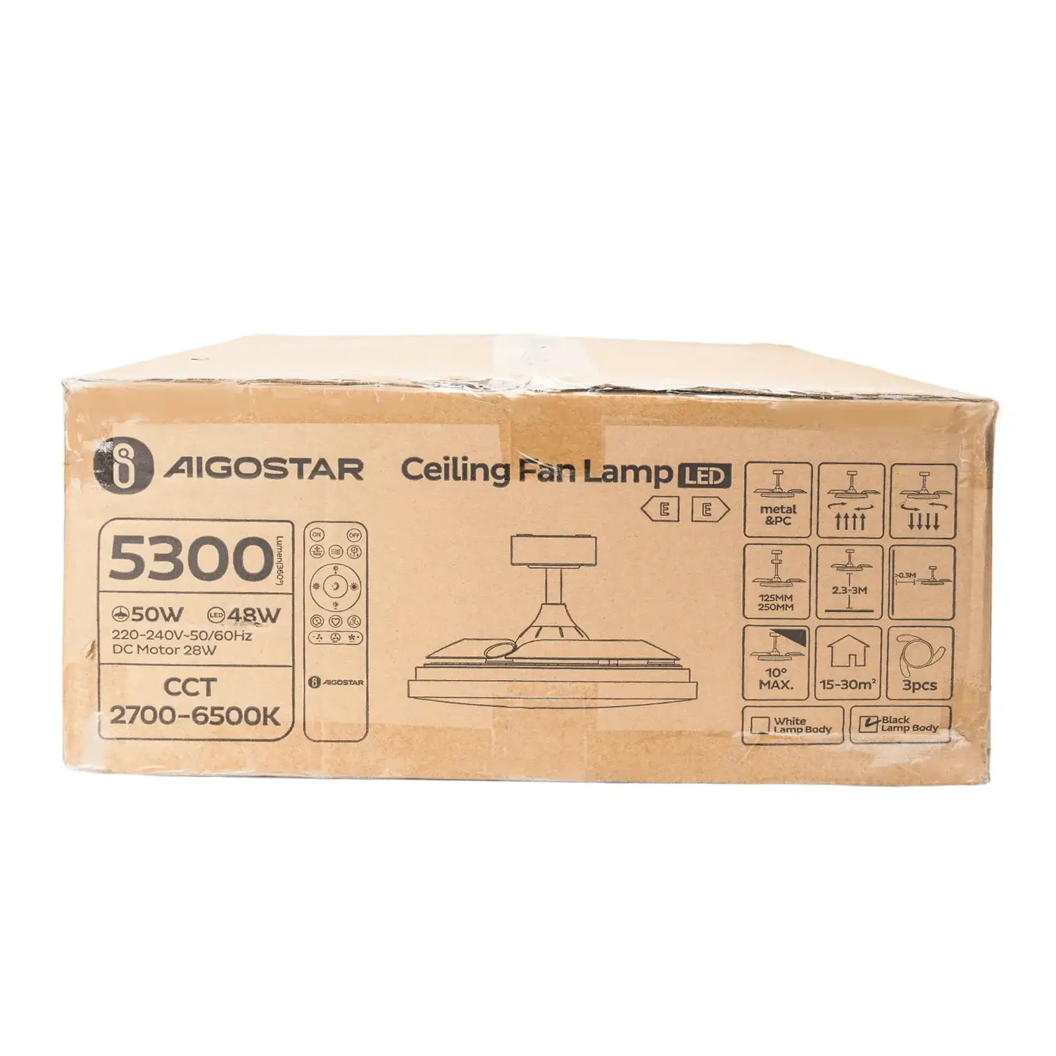 immagine Ventilatore da soffitto con pale, invisibili con luce LED, 42 pollici, 3 pale, 6 velocità, nero